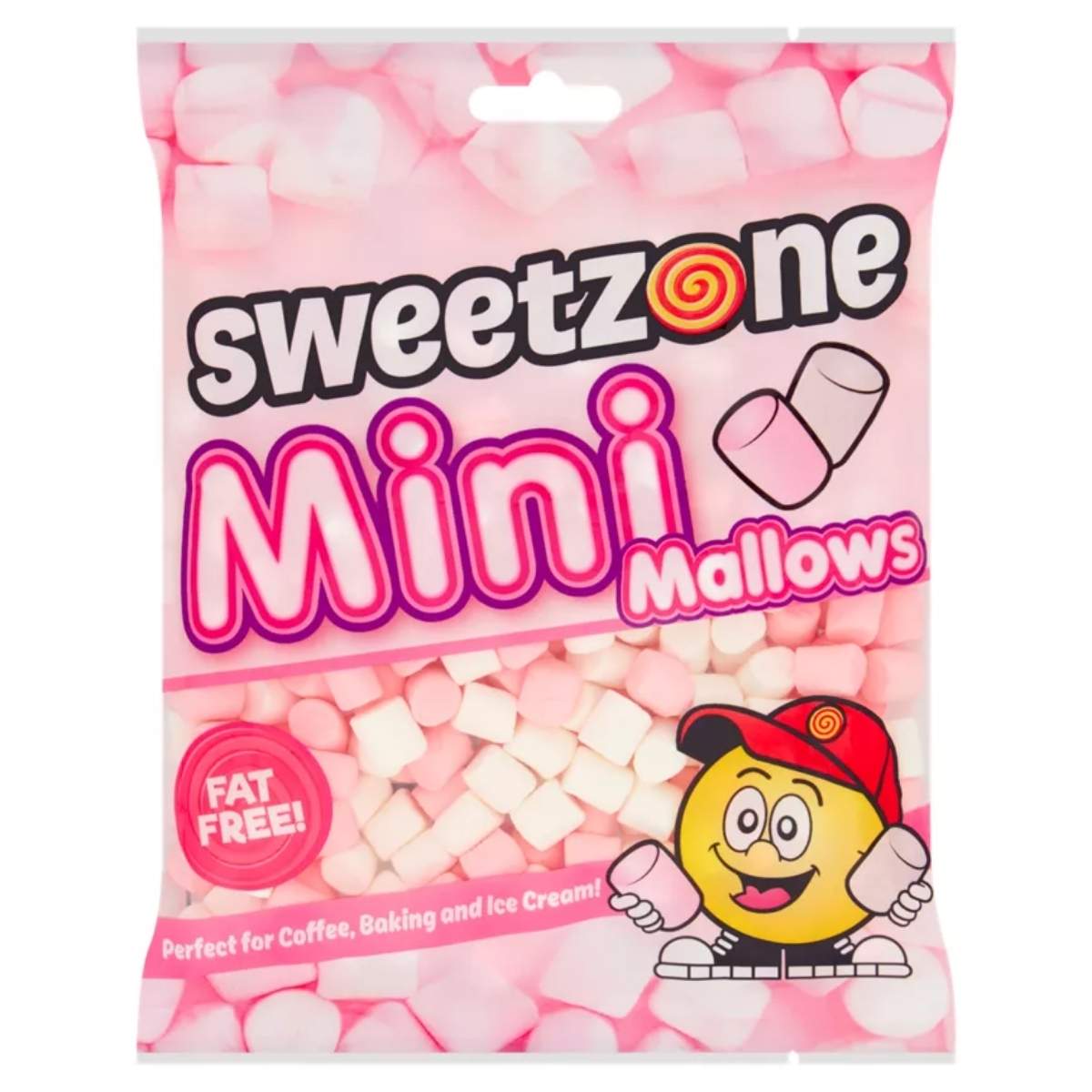 Sweetzone Mini Marshmallows, 140g, offer soft and fluffy pink and white marshmallows labeled as fat-free, perfect for coffee, baking, or topping ice cream. Sweetzone Mini Marshmallows, 140g, offer soft and fluffy pink and white marshmallows labeled as fat-free, perfect for coffee, baking, or topping ice cream.