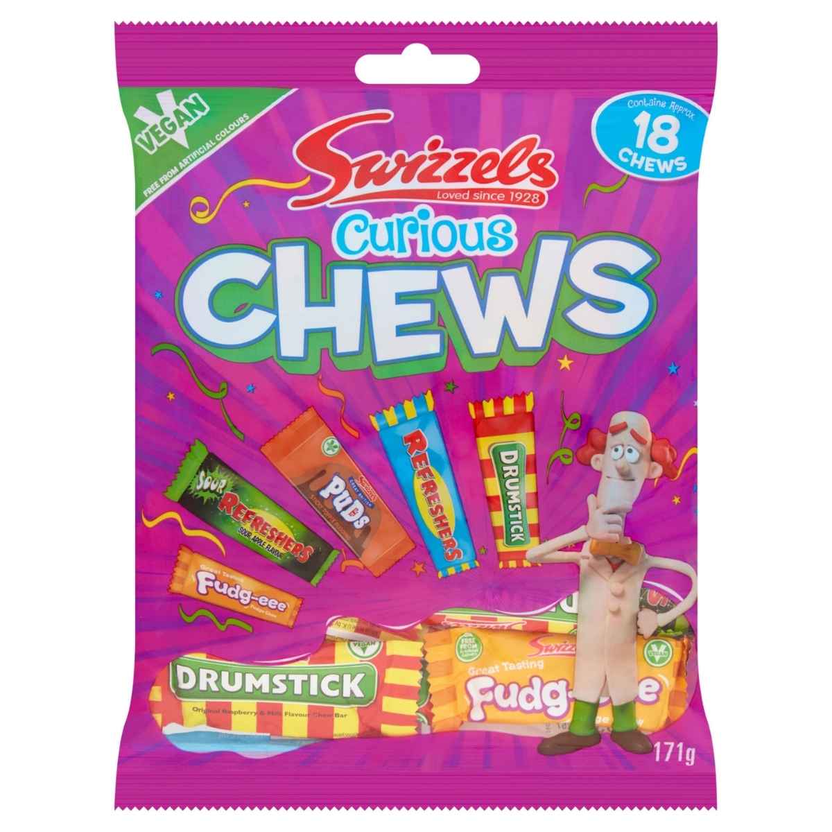 A vibrant 171g packet of Swizzels Curious Chews includes 18 vegan candies in flavors such as Drumstick, Refresher, and Fudge, with a cartoon character displayed on the packaging. A vibrant 171g packet of Swizzels Curious Chews includes 18 vegan candies in flavors such as Drumstick, Refresher, and Fudge, with a cartoon character displayed on the packaging.