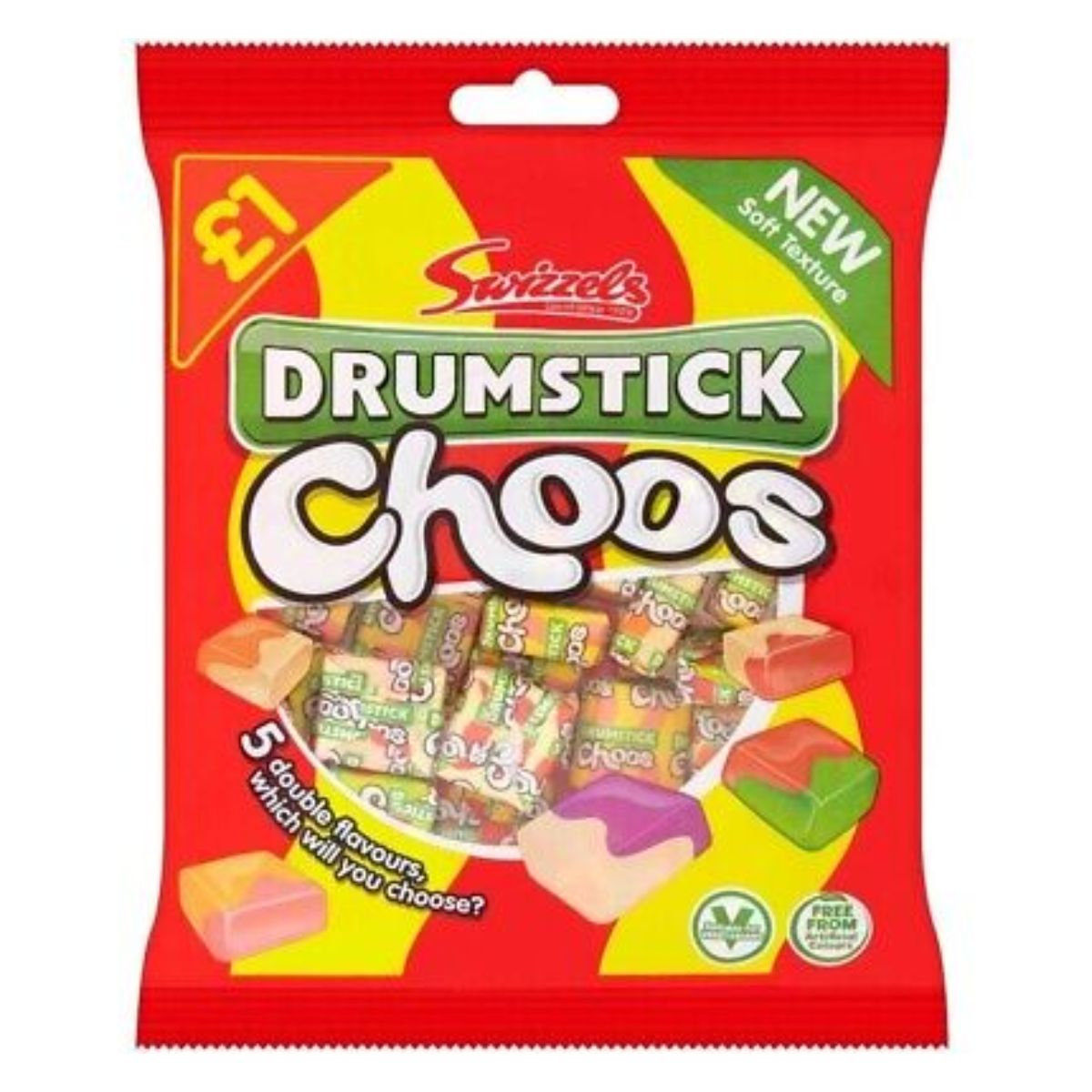 A package of Swizzels - Drumstick Choos Sharing Bag candy displaying five different flavors, priced at £1, and labeled as new.