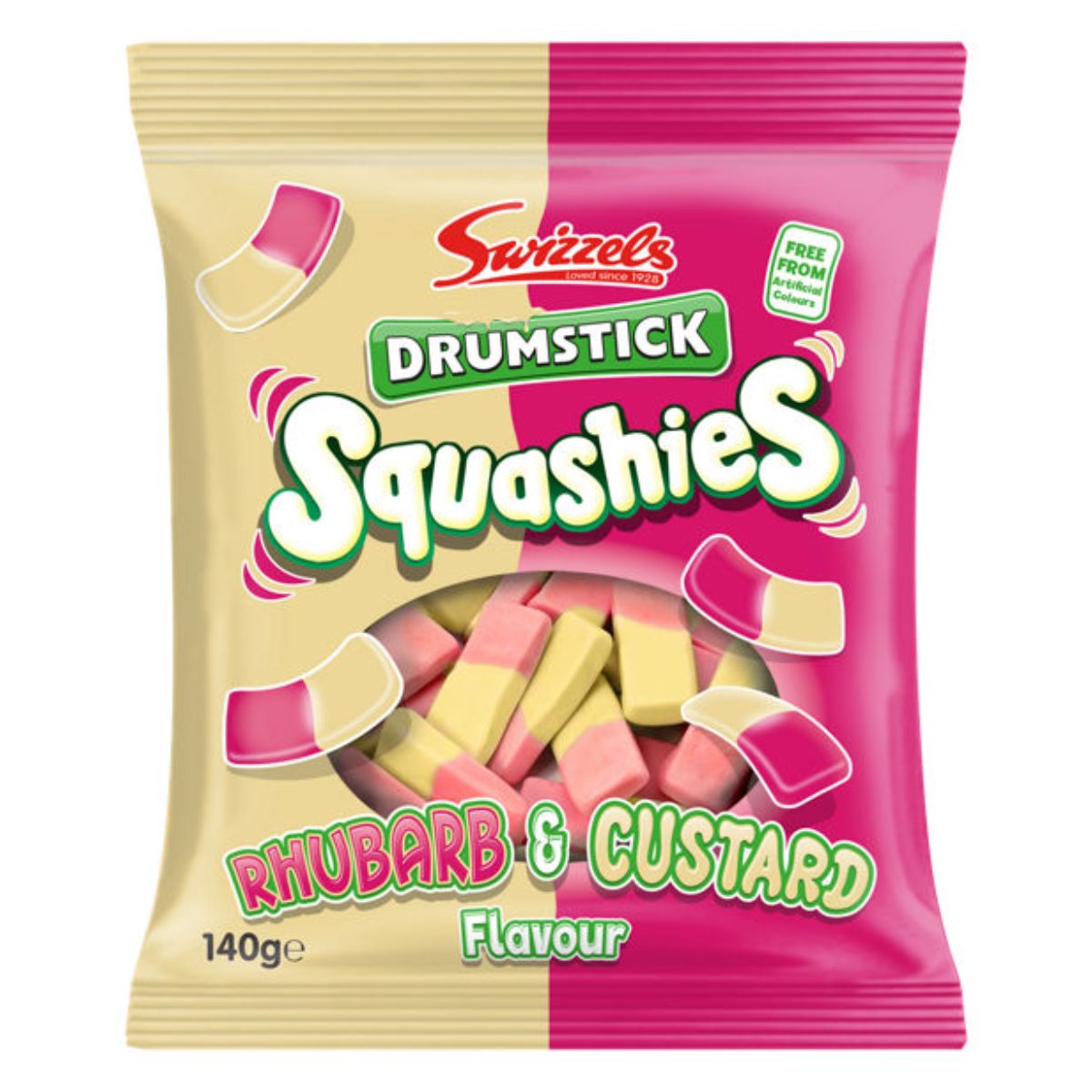 A bag of Swizzels - Drumstick Squashies Rhubarb & Custard Flavour - 140g candy, displaying pink and white chewy sweets. A bag of Swizzels - Drumstick Squashies Rhubarb & Custard Flavour - 140g candy, displaying pink and white chewy sweets.