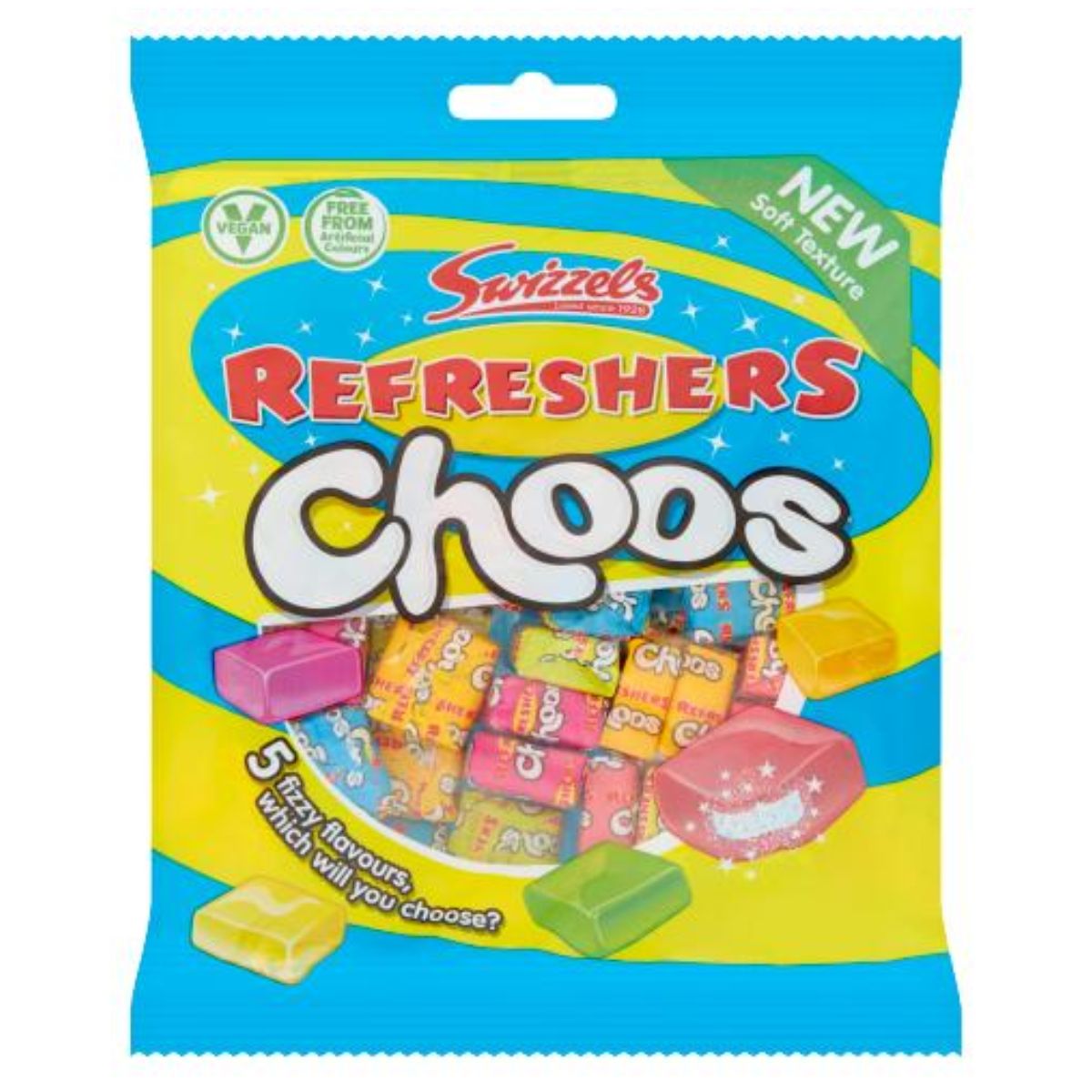 A pack of Swizzels - Refreshers Choos candy, featuring assorted flavors displayed in brightly colored wrappers. A pack of Swizzels - Refreshers Choos candy, featuring assorted flavors displayed in brightly colored wrappers.