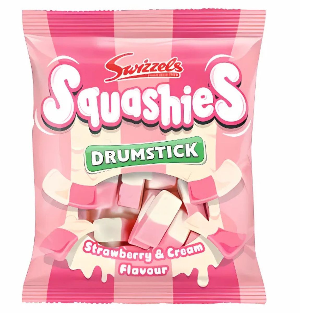 A pink and white bag of Swizzels - Squashies Drumstick Strawberry & Cream Flavour (120g), featuring images of candy on the packaging. A pink and white bag of Swizzels - Squashies Drumstick Strawberry & Cream Flavour (120g), featuring images of candy on the packaging.