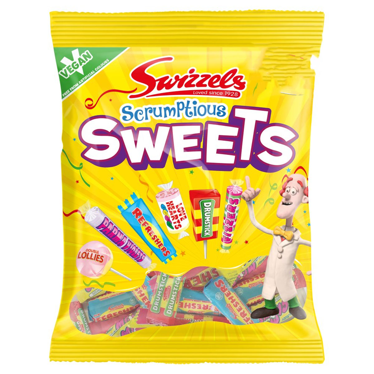 A bag of Swizzels - Scrumptious Sweets - 173g on a white background. A bag of Swizzels - Scrumptious Sweets - 173g on a white background.