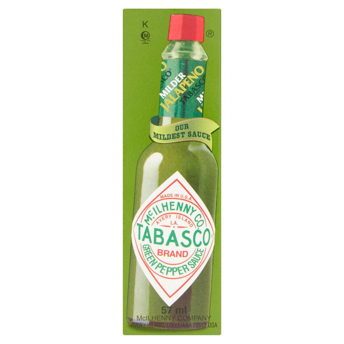 A bottle of Tabasco - Mild Green Hot Pepper Sauce - 57ml on a white background.