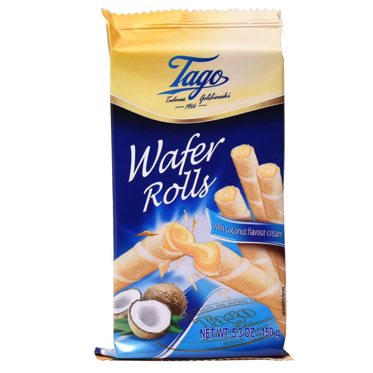 A bag of Tago - Wafer Rolls with Coconut Cream on a white background.