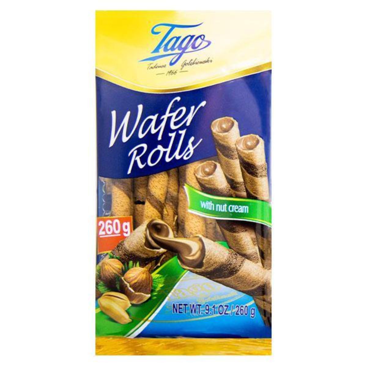 A package of Tago - Wafer Rolls with Hazelnuts - 260g rolls on a white background.