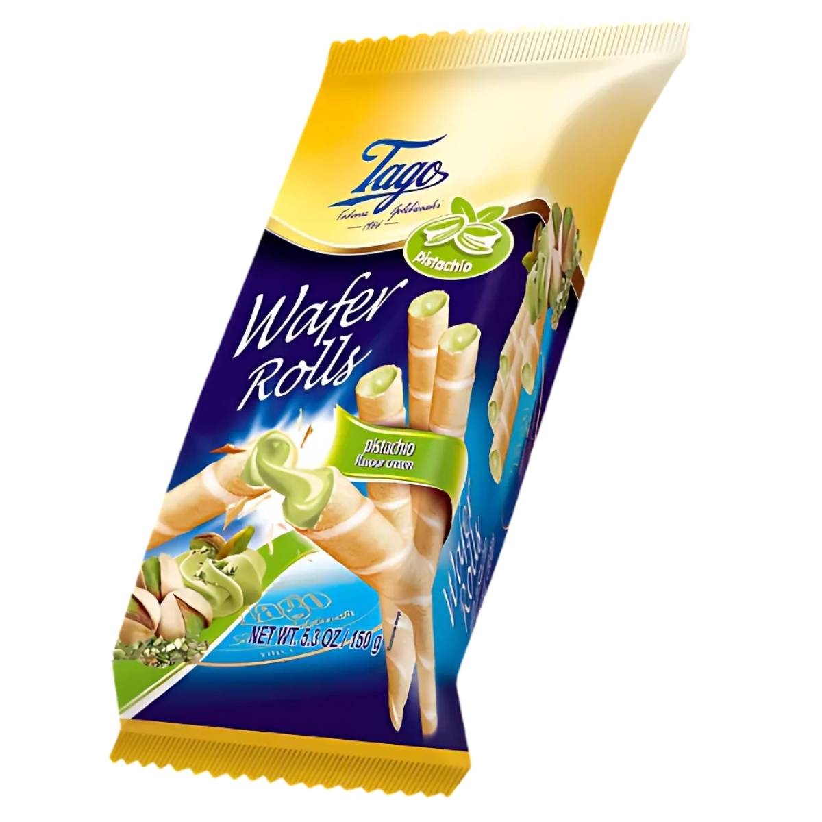 A package of Tago Wafer Rolls with Pistachio Cream (150g) is shown, displaying images of crispy wafer rolls and pistachios on the front. A package of Tago Wafer Rolls with Pistachio Cream (150g) is shown, displaying images of crispy wafer rolls and pistachios on the front.