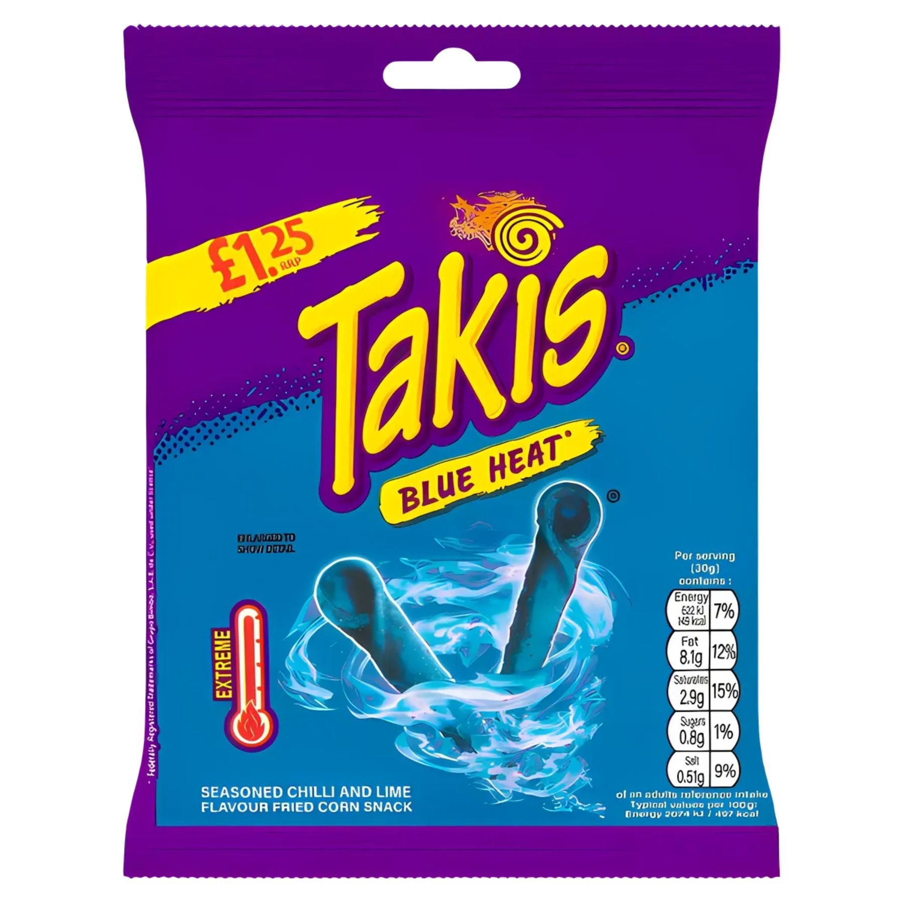 A 55g bag of Takis - Blue Heat Chilli & Lime Flavoured Fried Corn Snack, featuring bold blue rolled chips, an "extreme" heat warning, and a £1.25 price label on a striking purple and blue background. A 55g bag of Takis - Blue Heat Chilli & Lime Flavoured Fried Corn Snack, featuring bold blue rolled chips, an "extreme" heat warning, and a £1.25 price label on a striking purple and blue background.