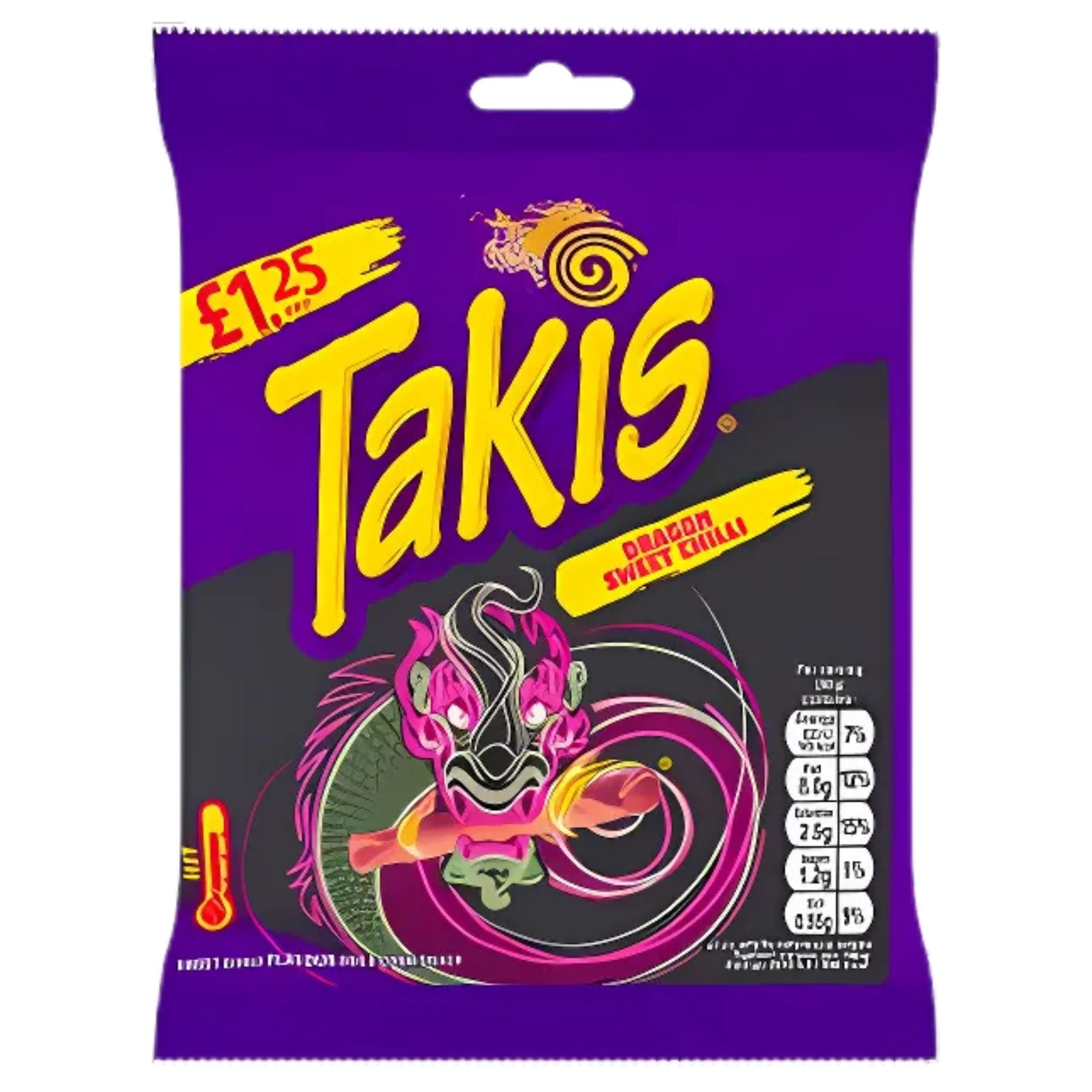 A 55g purple bag of Takis - Dragon Sweet Chilli Flavoured Fried Corn Snack is shown, with a dragon graphic and priced at £1.25. A 55g purple bag of Takis - Dragon Sweet Chilli Flavoured Fried Corn Snack is shown, with a dragon graphic and priced at £1.25.