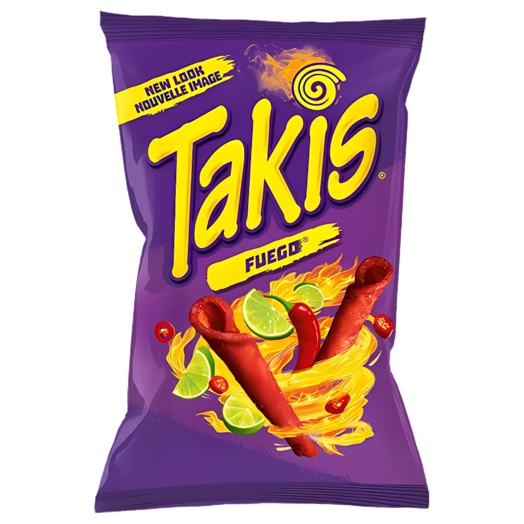 A purple Takis - Fuego - 130g bag displays rolled tortilla chips, lime slices, chili peppers, and flames on the front. A purple Takis - Fuego - 130g bag displays rolled tortilla chips, lime slices, chili peppers, and flames on the front.