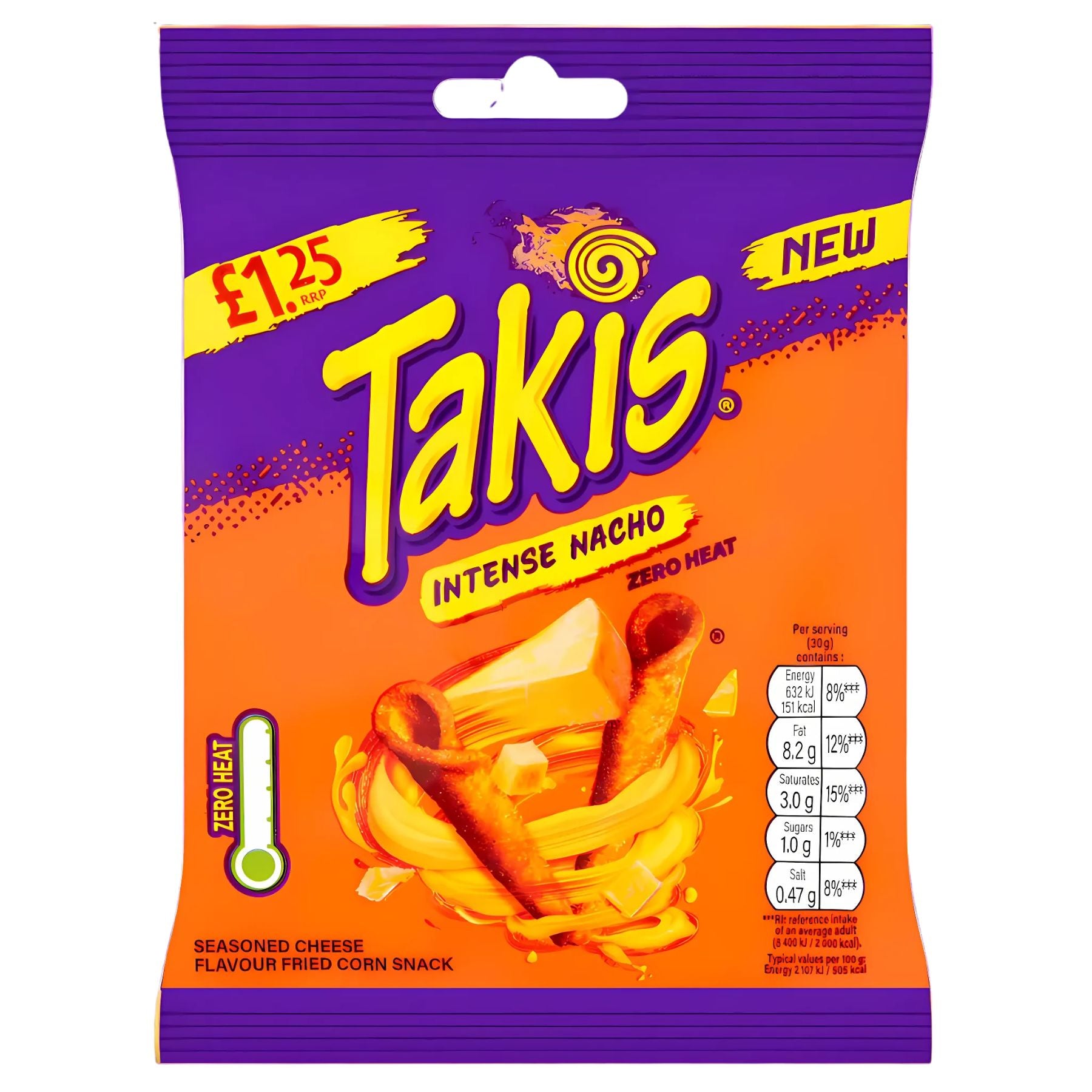 A 55g bag of Takis - Intense Nacho Cheese Flavoured Fried Corn Snack, in bold orange and purple packaging with cheesy snack images and nutritional info on the front. A 55g bag of Takis - Intense Nacho Cheese Flavoured Fried Corn Snack, in bold orange and purple packaging with cheesy snack images and nutritional info on the front.