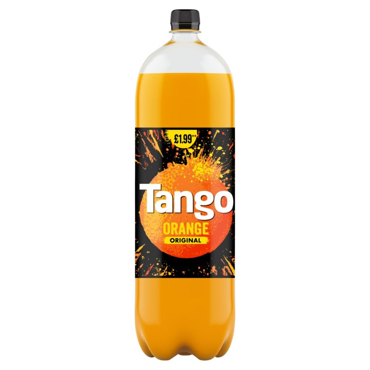 A bottle of Tango - Orange Original - 2L on a white background. A bottle of Tango - Orange Original - 2L on a white background.