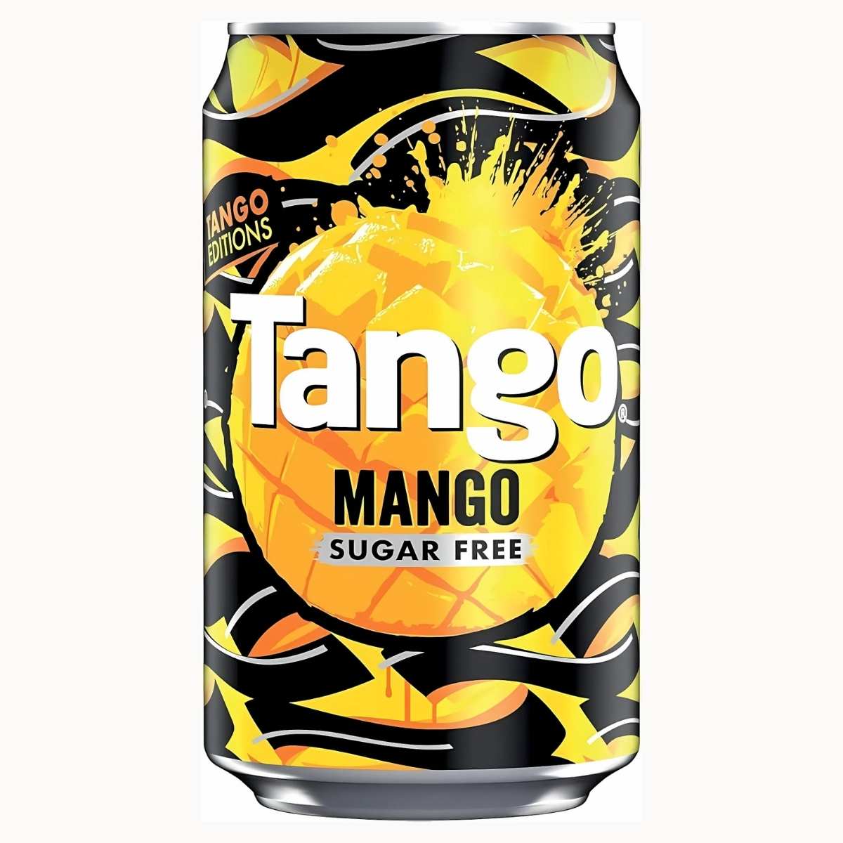 Tango - Sugar Free Mango - 330ml is a guilt-free drink with a black and yellow design, showcasing a vibrant mango graphic and splashes. Savor its sweet taste without worries, as it's sugar-free and uses sweeteners. Tango - Sugar Free Mango - 330ml is a guilt-free drink with a black and yellow design, showcasing a vibrant mango graphic and splashes. Savor its sweet taste without worries, as it's sugar-free and uses sweeteners.