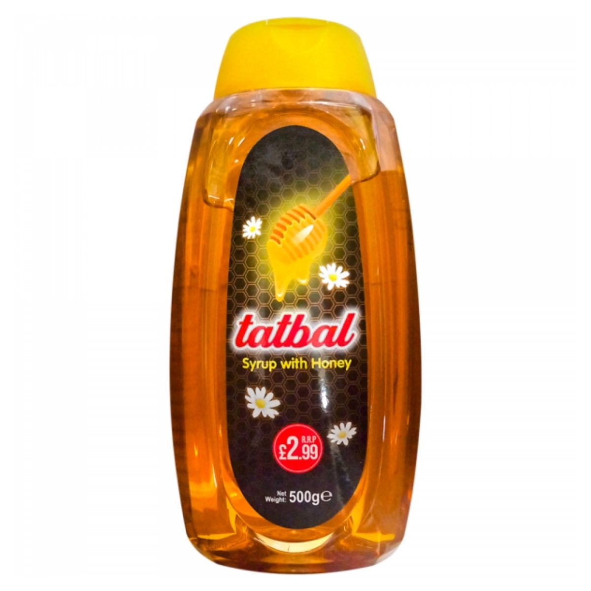 A 500g bottle of Tatbal - Syrup With Honey, priced at £2.99, features natural honey and a daisy-themed label with a honey dipper; perfect as a versatile sweetener. A 500g bottle of Tatbal - Syrup With Honey, priced at £2.99, features natural honey and a daisy-themed label with a honey dipper; perfect as a versatile sweetener.