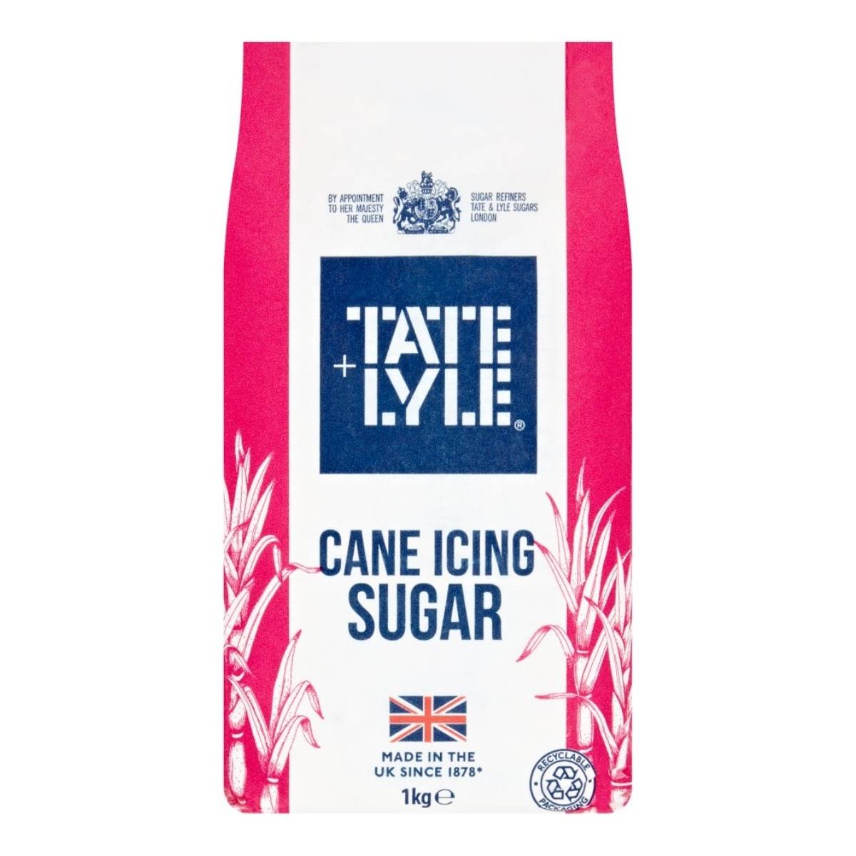 Tate & Lyle - Cane Icing Sugar - 1kg comes in a pink and white bag with sugar cane illustrations and a Union Jack flag, perfect for baking and adding professional-quality sweetness to your desserts. Tate & Lyle - Cane Icing Sugar - 1kg comes in a pink and white bag with sugar cane illustrations and a Union Jack flag, perfect for baking and adding professional-quality sweetness to your desserts.