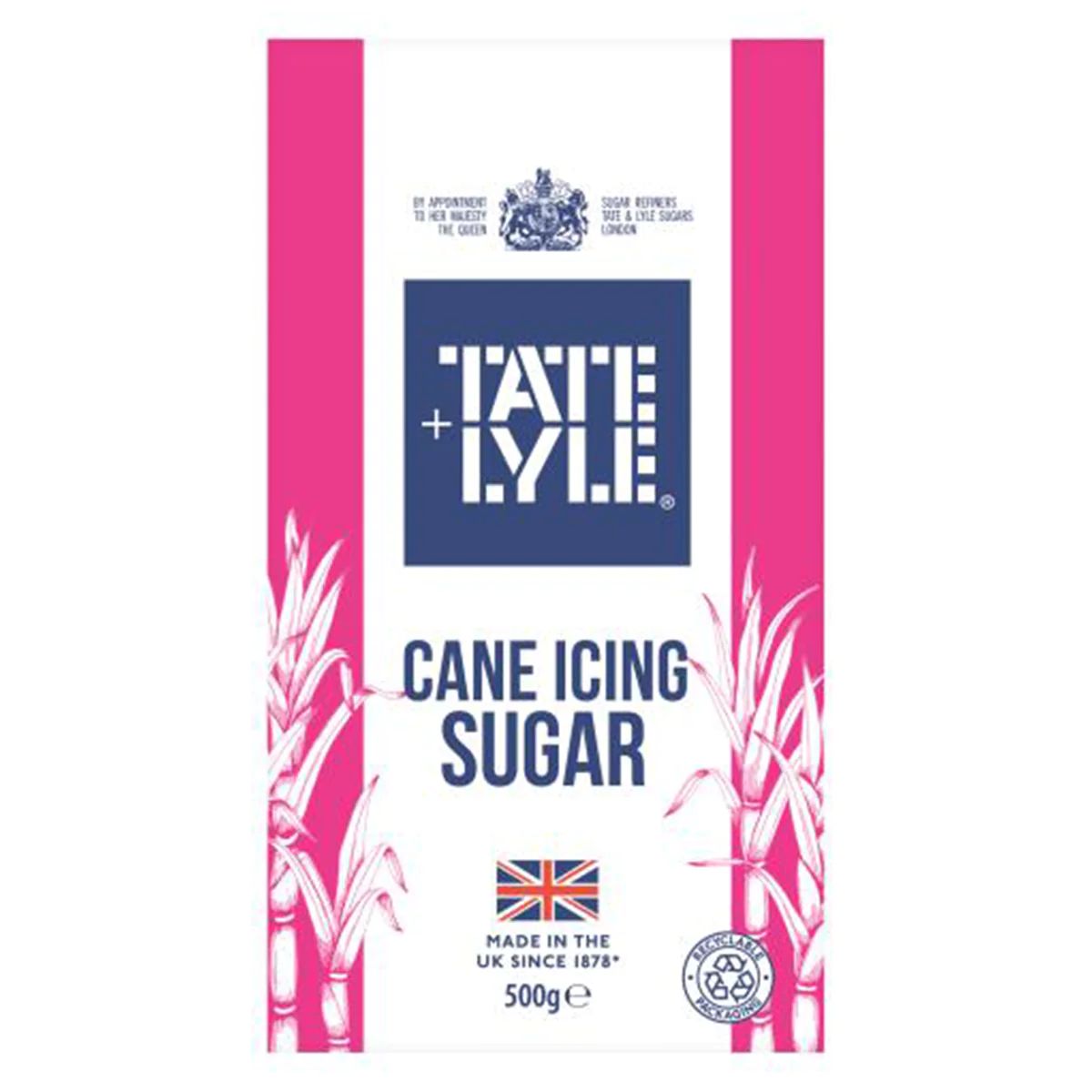 A package of Tate & Lyle Cane Icing Sugar, produced in the uk since 1878, weighing 500 grams.