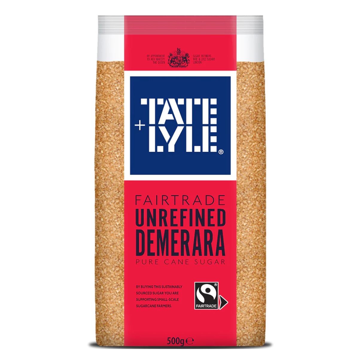 A package of Tate & Lyle - Fairtrade Unrefined Demerara - 500g. A package of Tate & Lyle - Fairtrade Unrefined Demerara - 500g.