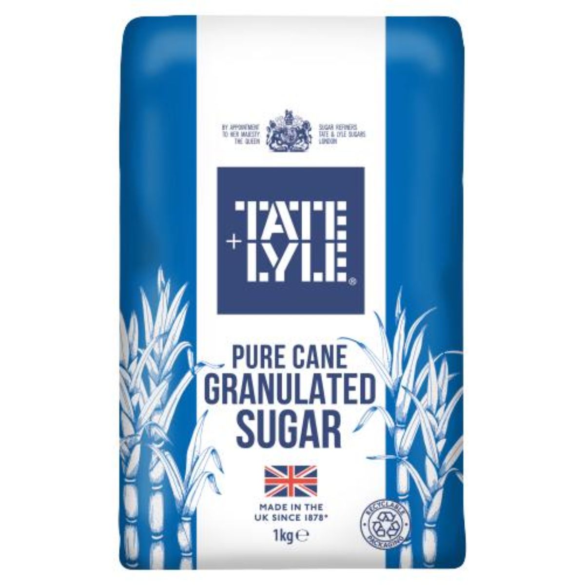 Blue and white packaged Tate & Lyle - Granulated Sugar - 1kg bag, made in the UK. Blue and white packaged Tate & Lyle - Granulated Sugar - 1kg bag, made in the UK.