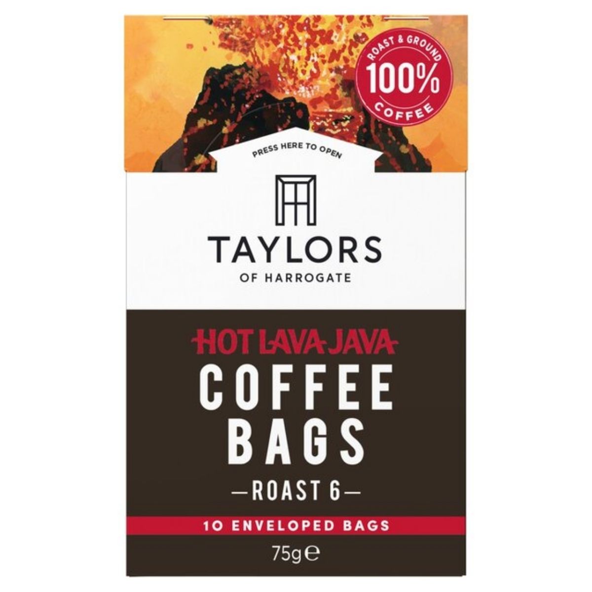 Taylors Of Harrogate - Coffee Bags - 75g offers a strong caffeine kick with 10 enveloped, roast 6 coffee bags of 100% coffee. The packaging features vibrant volcanic imagery. Taylors Of Harrogate - Coffee Bags - 75g offers a strong caffeine kick with 10 enveloped, roast 6 coffee bags of 100% coffee. The packaging features vibrant volcanic imagery.