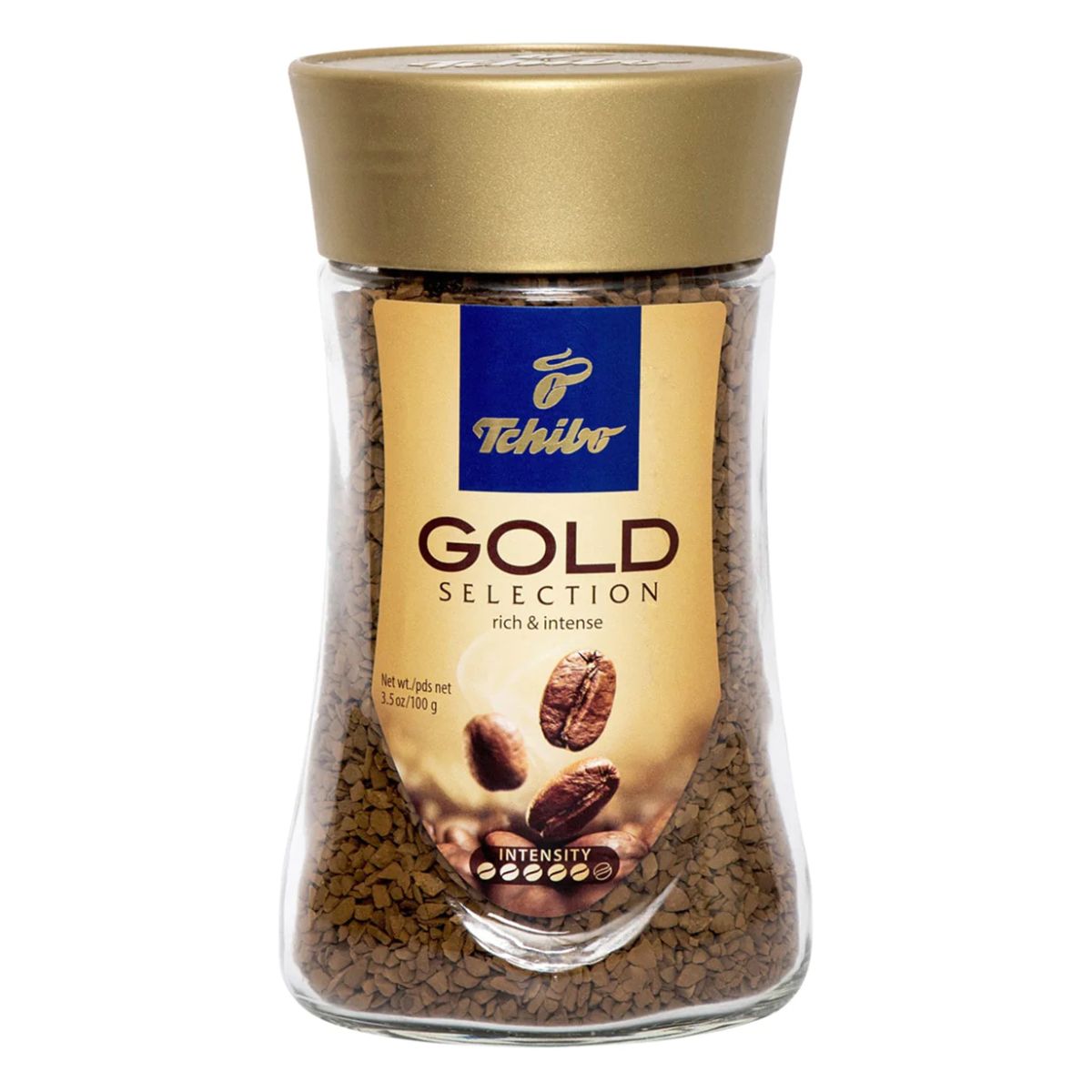 A jar of Tchibo - Gold Selection Instant Coffee (100g) with a gold lid. A jar of Tchibo - Gold Selection Instant Coffee (100g) with a gold lid.