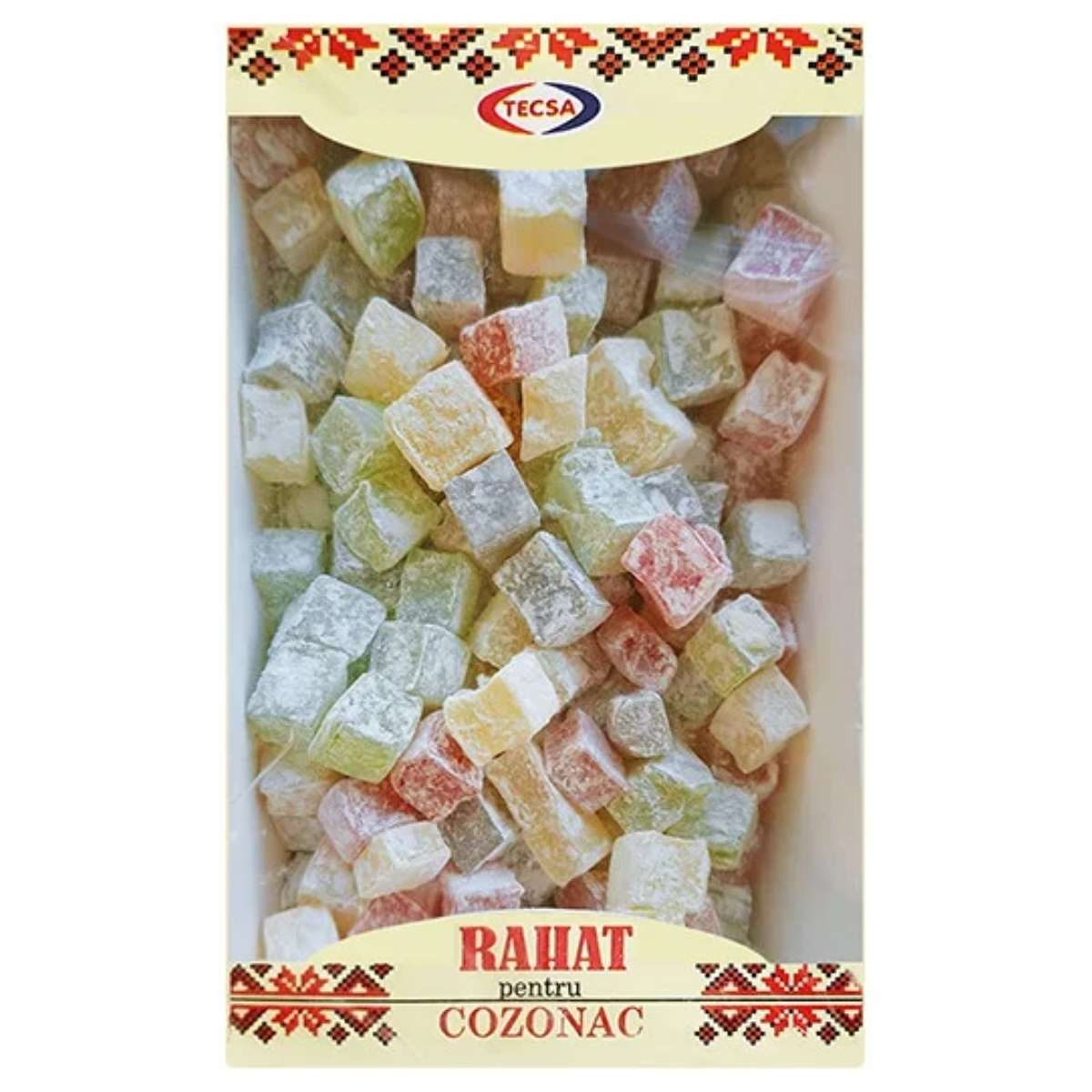 A 450g box of Tecsa's powdered Turkish delight, labeled "Rahat Pentru Cozonac," offers a vibrant sweetness ideal for enhancing your traditional dessert. The packaging features an ornate decorative border. A 450g box of Tecsa's powdered Turkish delight, labeled "Rahat Pentru Cozonac," offers a vibrant sweetness ideal for enhancing your traditional dessert. The packaging features an ornate decorative border.