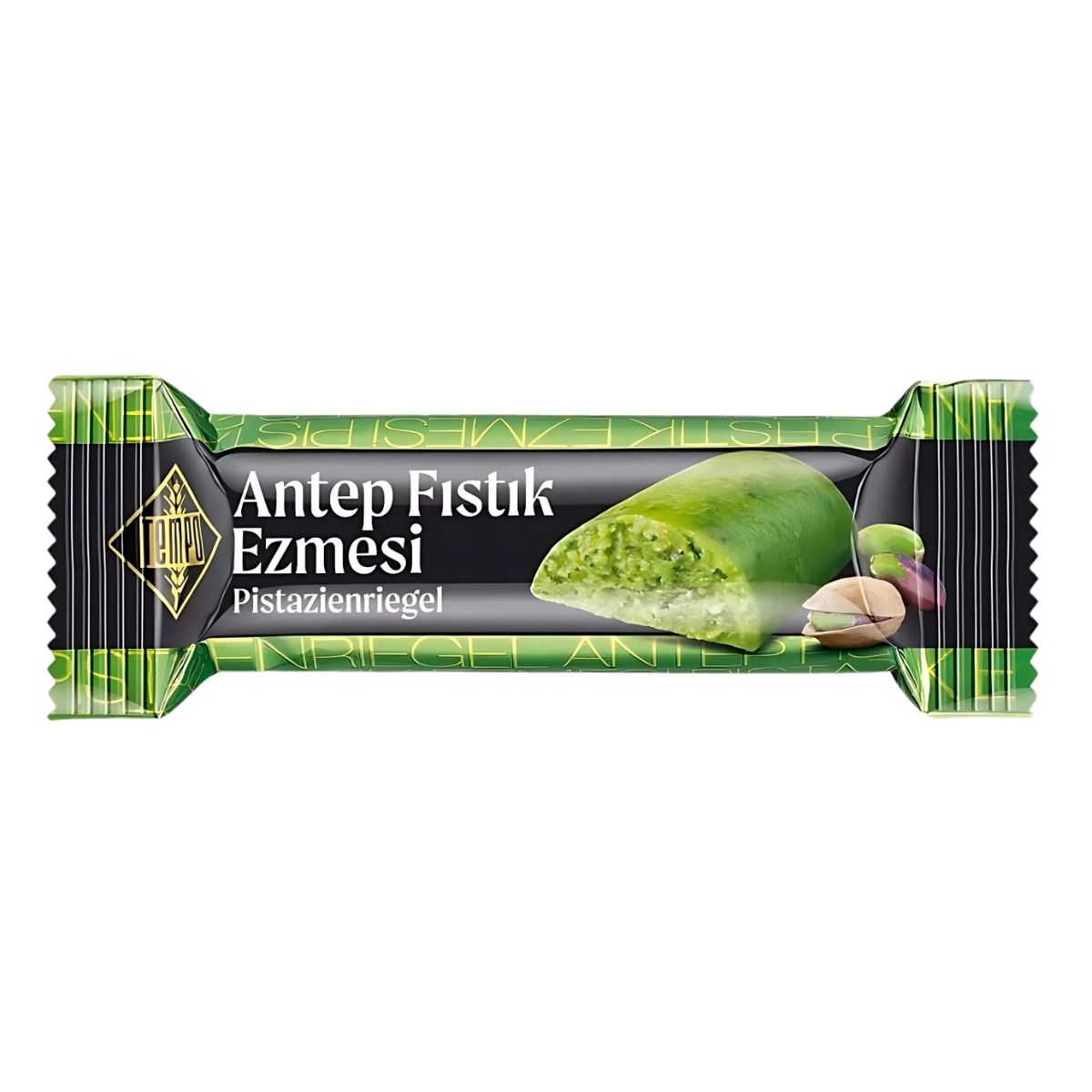 A packaged Tempo - Pistachio Paste Bar - 24g, with a wrapper showing the bright green bar and whole pistachios. A packaged Tempo - Pistachio Paste Bar - 24g, with a wrapper showing the bright green bar and whole pistachios.