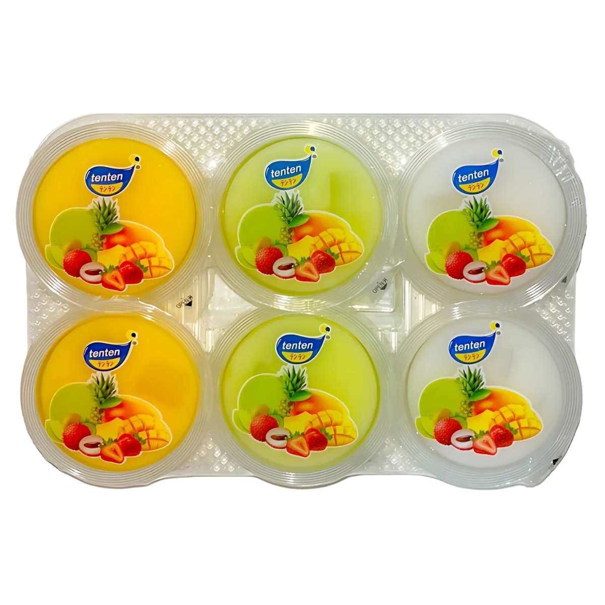 Tray of six Tenten fruit-flavored jelly puddings with coconut pieces, a delicious snack featuring assorted flavors and images of pineapples, strawberries, and lychees. Tray of six Tenten fruit-flavored jelly puddings with coconut pieces, a delicious snack featuring assorted flavors and images of pineapples, strawberries, and lychees.