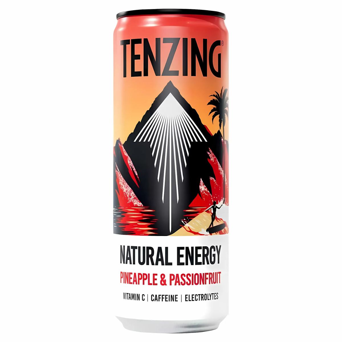 A 330ml can of Tenzing - Natural Energy Drink Pineapple & Passion, with a label showing a stylized mountain and tropical scenes. A 330ml can of Tenzing - Natural Energy Drink Pineapple & Passion, with a label showing a stylized mountain and tropical scenes.