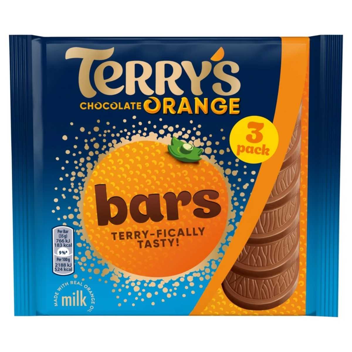 3-pack of Terry's Chocolate Orange Bars (3 x 35g; total 105g). Classic design featuring a textured orange and chocolate segment graphic, with the text "Terry-fically tasty! 3-pack of Terry's Chocolate Orange Bars (3 x 35g; total 105g). Classic design featuring a textured orange and chocolate segment graphic, with the text "Terry-fically tasty!