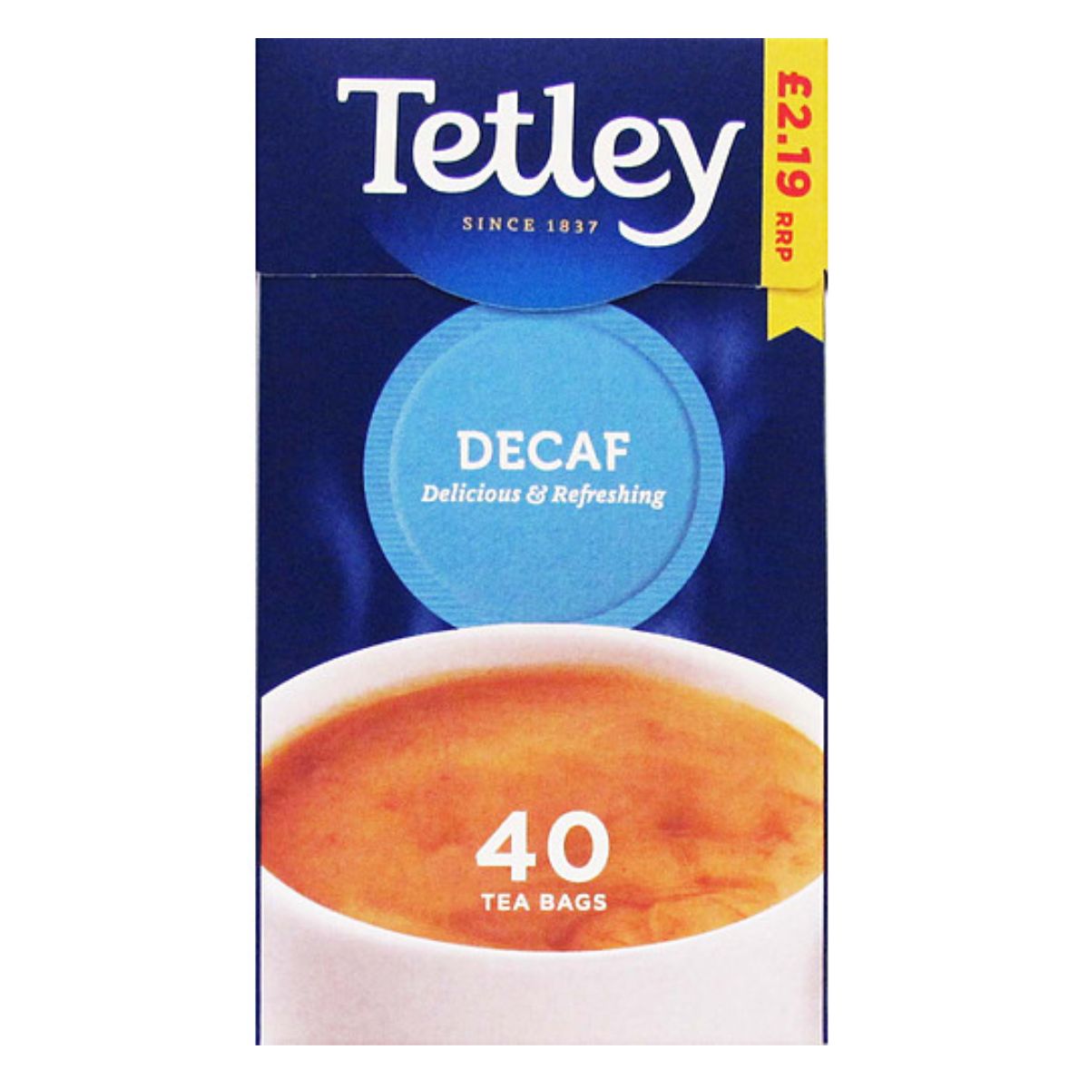 Box of Tetley - Decaf 40 Tea Bags - 125g, priced at £2.19, with a graphic of a cup of tea on the front. Box of Tetley - Decaf 40 Tea Bags - 125g, priced at £2.19, with a graphic of a cup of tea on the front.