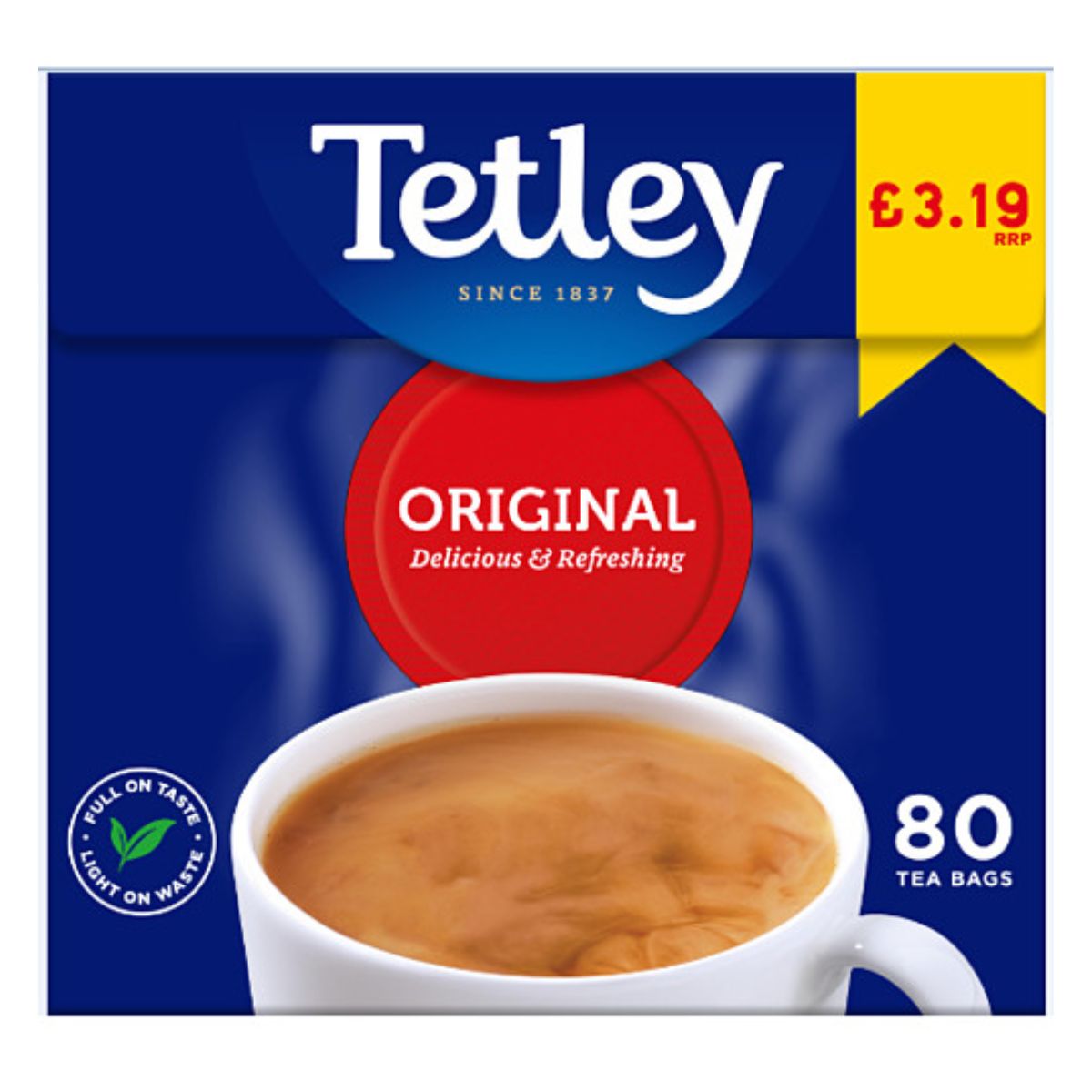 A box of Tetley - Decaf 80 Tea Bags - 250g, priced at £3.19. The package is blue with a red label stating "Delicious & Refreshing" and features a cup of tea pictured on the front. A box of Tetley - Decaf 80 Tea Bags - 250g, priced at £3.19. The package is blue with a red label stating "Delicious & Refreshing" and features a cup of tea pictured on the front.