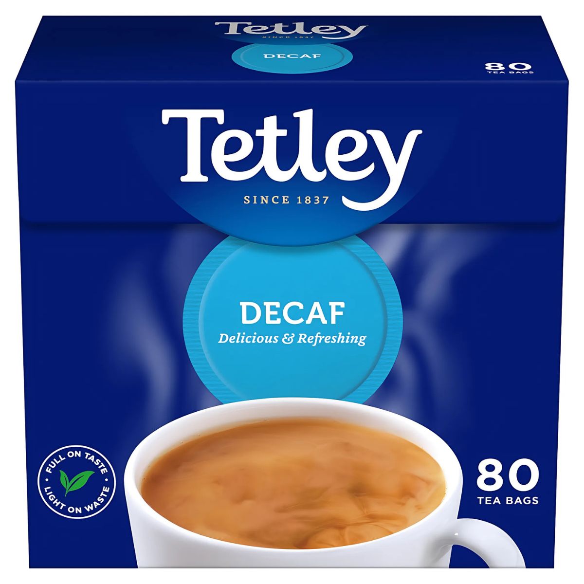 Tetley Decaf 80 Tea Bags (250g) comes in a box featuring a cup of delicious and refreshing decaffeinated black tea on the packaging. Tetley Decaf 80 Tea Bags (250g) comes in a box featuring a cup of delicious and refreshing decaffeinated black tea on the packaging.