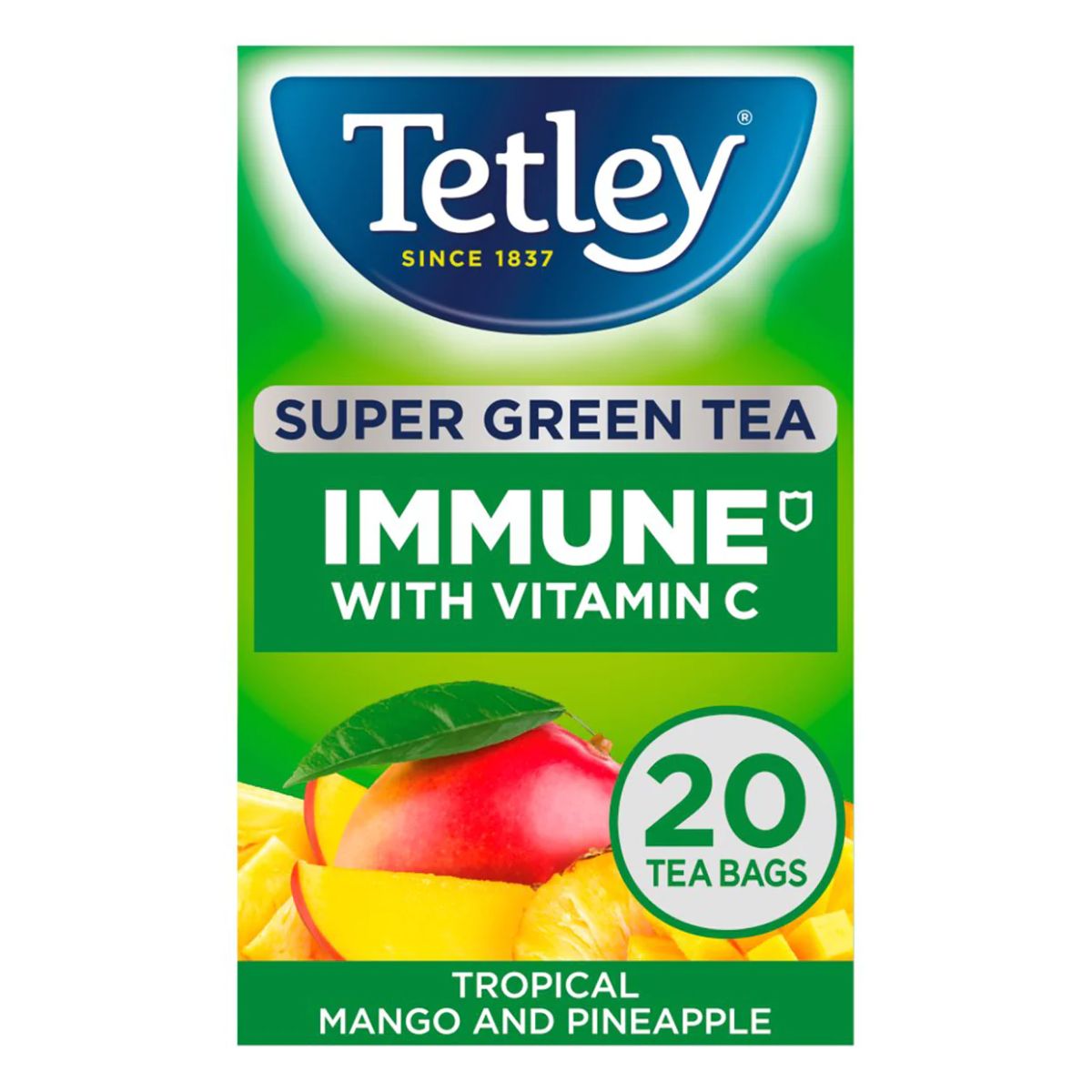 A box of Tetley - Super Green Tea with Vitamin C - 20 Teabags, featuring tropical mango and pineapple flavors.