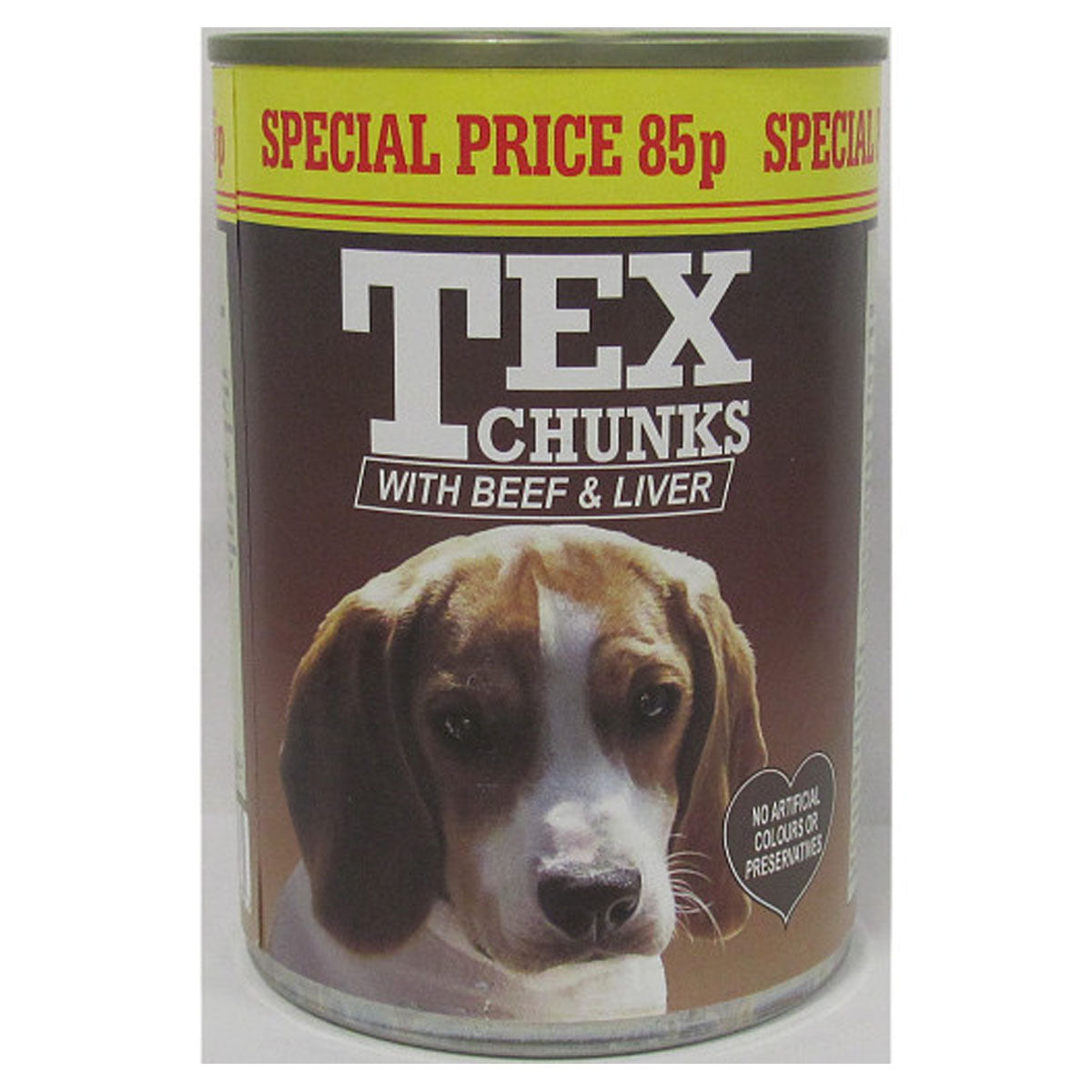 A can of Tex - Beef & Liver Dog Food - 400g. A can of Tex - Beef & Liver Dog Food - 400g.