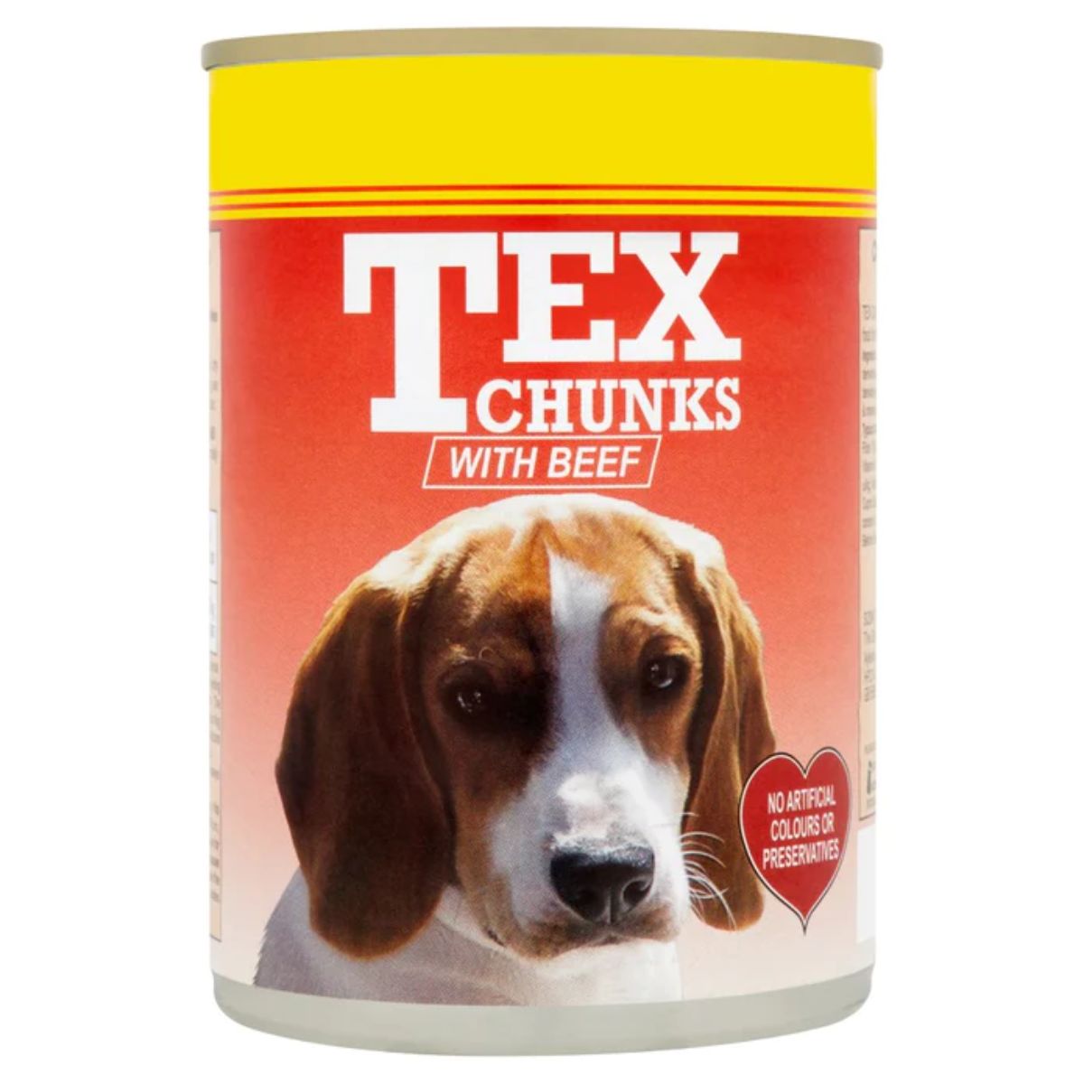 A can of Tex - Chunks with Beef - 400g on a white background.