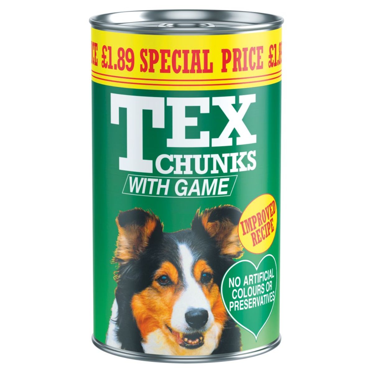 A can of Tex - Chunks with Game - 1.2kg dog food.