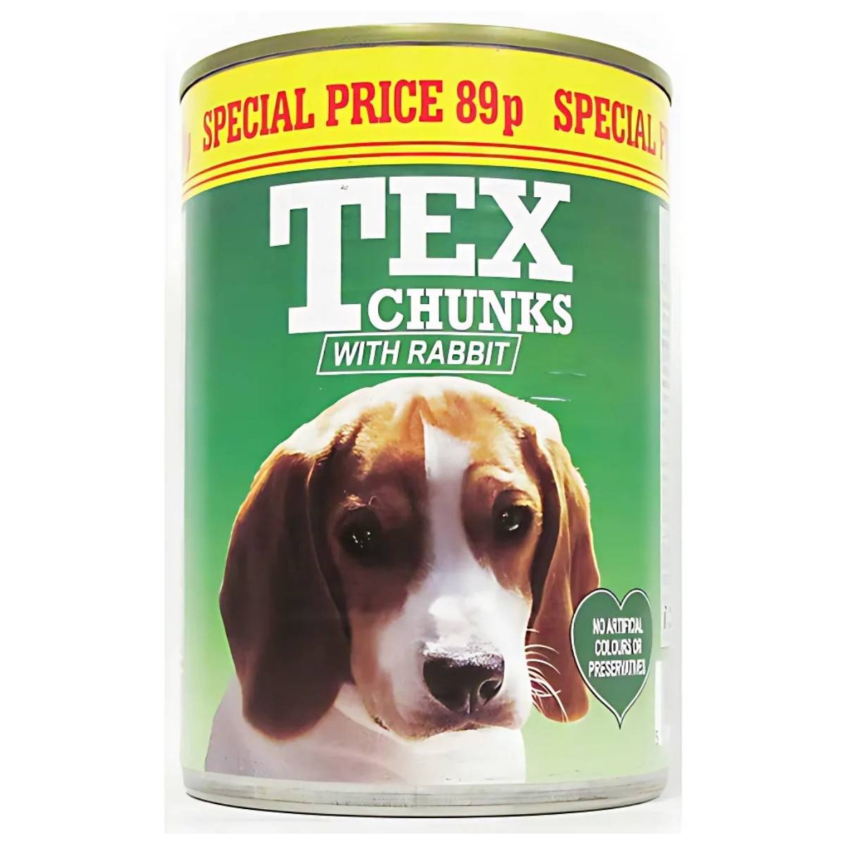 Tex Chunks - with Rabbit 400g can featuring a dog's face, special price 89p marked at the top. Enriched for a high-protein dog diet, with no artificial colors or preservatives. Tex Chunks - with Rabbit 400g can featuring a dog's face, special price 89p marked at the top. Enriched for a high-protein dog diet, with no artificial colors or preservatives.