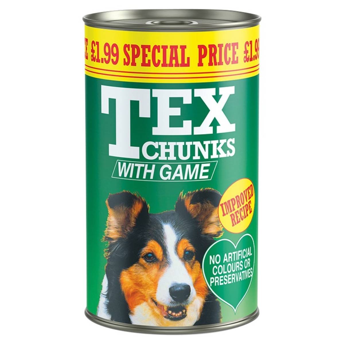 A 1.2Kg can of "Tex Chunks - with Game" dog food. The green label showcases a dog's face and text promoting an improved recipe free from artificial colors or preservatives. Special price: £1.99. A 1.2Kg can of "Tex Chunks - with Game" dog food. The green label showcases a dog's face and text promoting an improved recipe free from artificial colors or preservatives. Special price: £1.99.