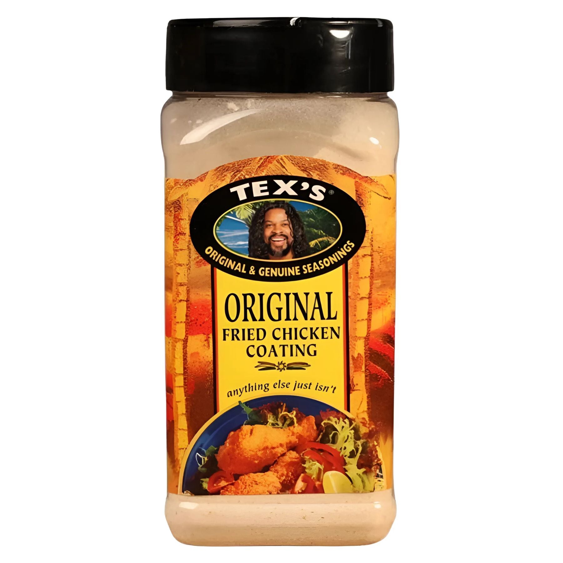 A 300g plastic container of Tex's Original Fried Chicken Coating Spices Seasoning with a yellow label, black lid, and images of crispy fried chicken and salad on the front. A 300g plastic container of Tex's Original Fried Chicken Coating Spices Seasoning with a yellow label, black lid, and images of crispy fried chicken and salad on the front.