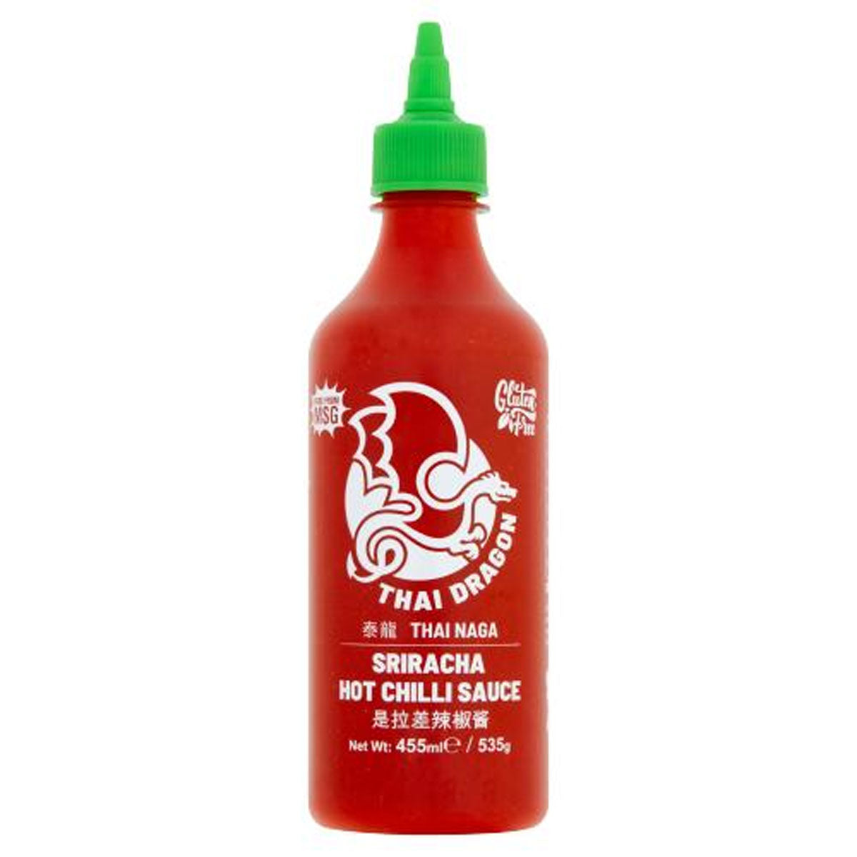 A 455ml bottle of Thai Dragon Sriracha Hot Chilli Sauce with a green cap, labeled in English and Thai. A 455ml bottle of Thai Dragon Sriracha Hot Chilli Sauce with a green cap, labeled in English and Thai.