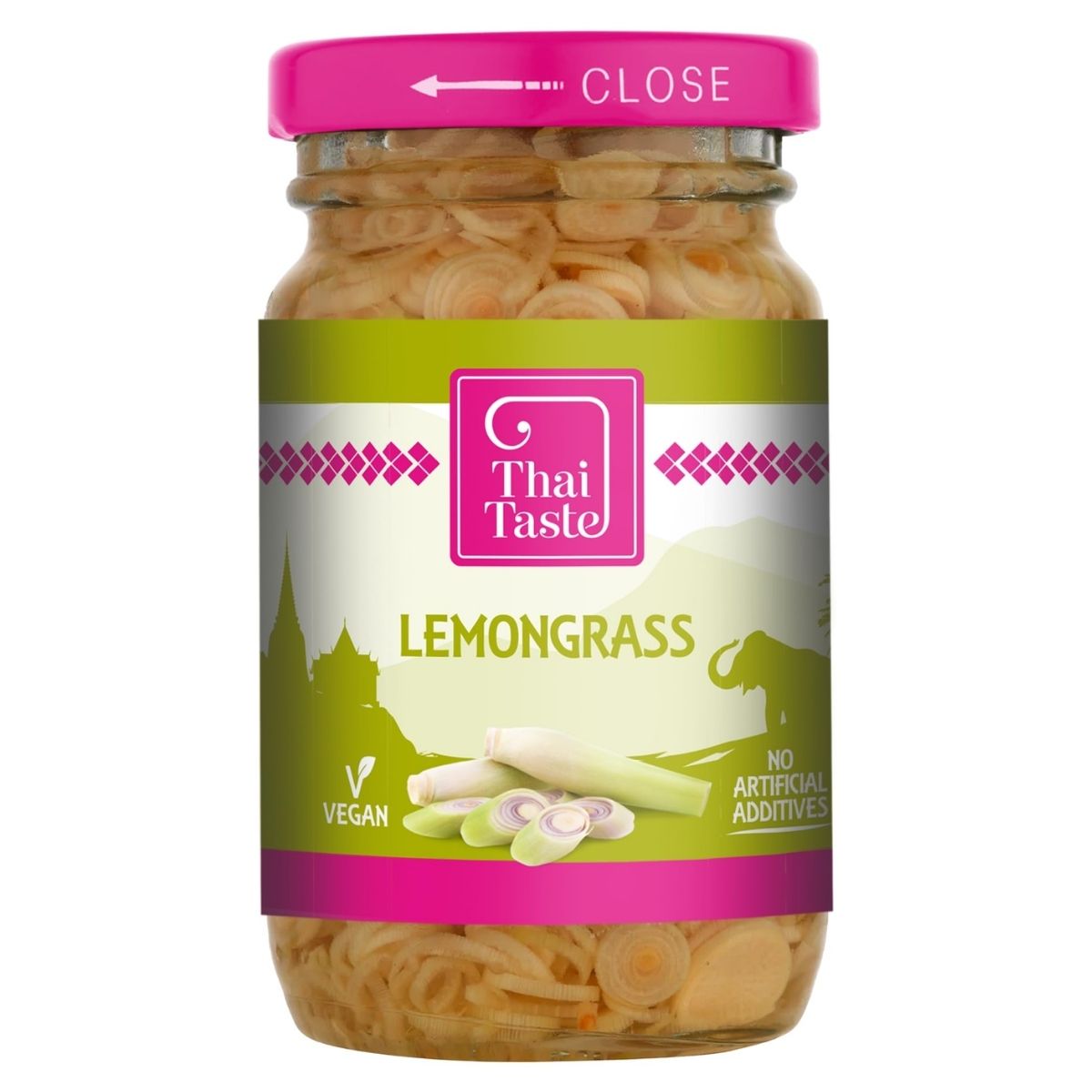 The Thai Taste Lemongrass jar (114g) features a vibrant green label with pink accents, emphasizing its fresh, zesty flavor. It proudly displays vegan-friendly and no artificial additives symbols. The Thai Taste Lemongrass jar (114g) features a vibrant green label with pink accents, emphasizing its fresh, zesty flavor. It proudly displays vegan-friendly and no artificial additives symbols.