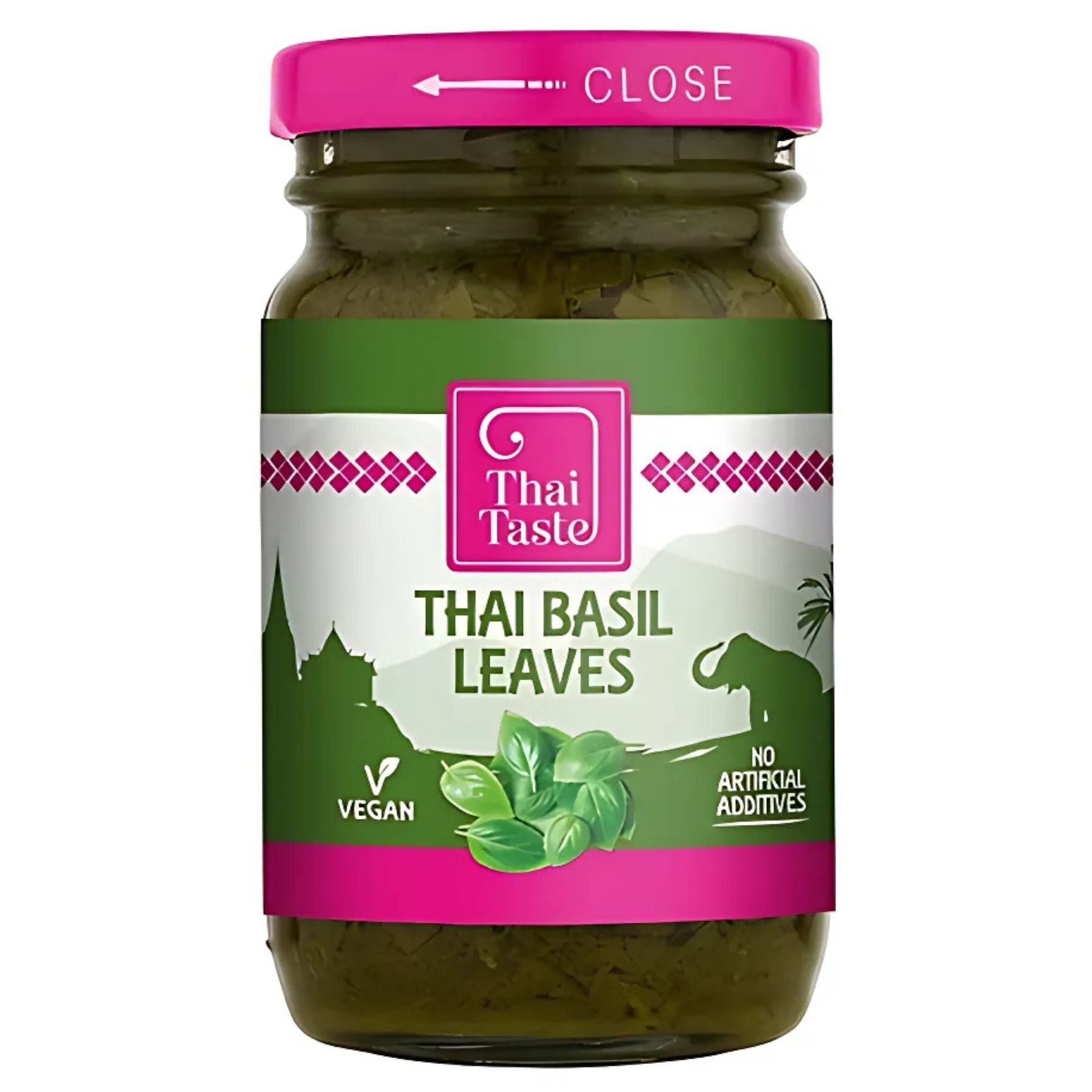 Thai Taste Thai Basil Leaves (114g) come in a glass jar with a pink lid and green-white label, marked vegan and free from artificial additives. Add aromatic basil flavor to elevate your favorite dishes. Thai Taste Thai Basil Leaves (114g) come in a glass jar with a pink lid and green-white label, marked vegan and free from artificial additives. Add aromatic basil flavor to elevate your favorite dishes.