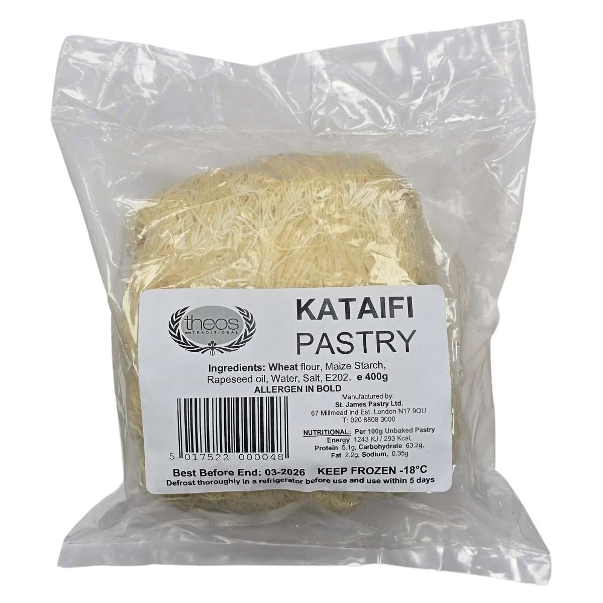 Theos - Fresh Kadayif (Kataifi) Shredded Fillo Dough, 400g, is wrapped in clear plastic with a label showing ingredients, allergens, nutritional info, and storage instructions—ideal for crafting homemade Kadayif desserts. Theos - Fresh Kadayif (Kataifi) Shredded Fillo Dough, 400g, is wrapped in clear plastic with a label showing ingredients, allergens, nutritional info, and storage instructions—ideal for crafting homemade Kadayif desserts.