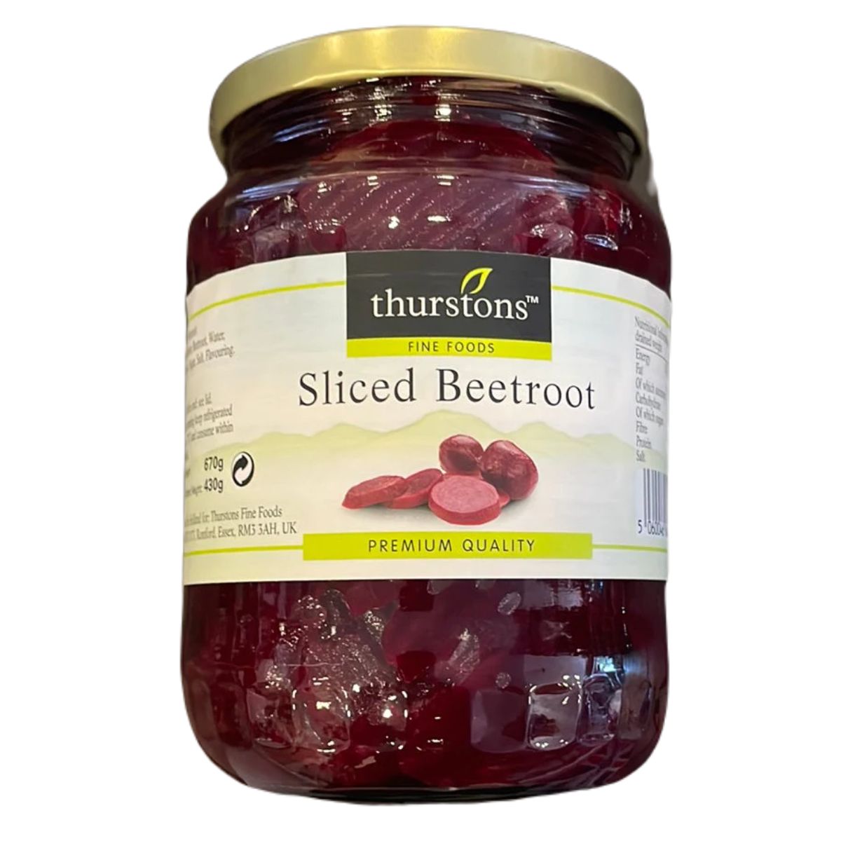 A jar of Thurstons - Sliced Beetroot - 670g on a white background. A jar of Thurstons - Sliced Beetroot - 670g on a white background.