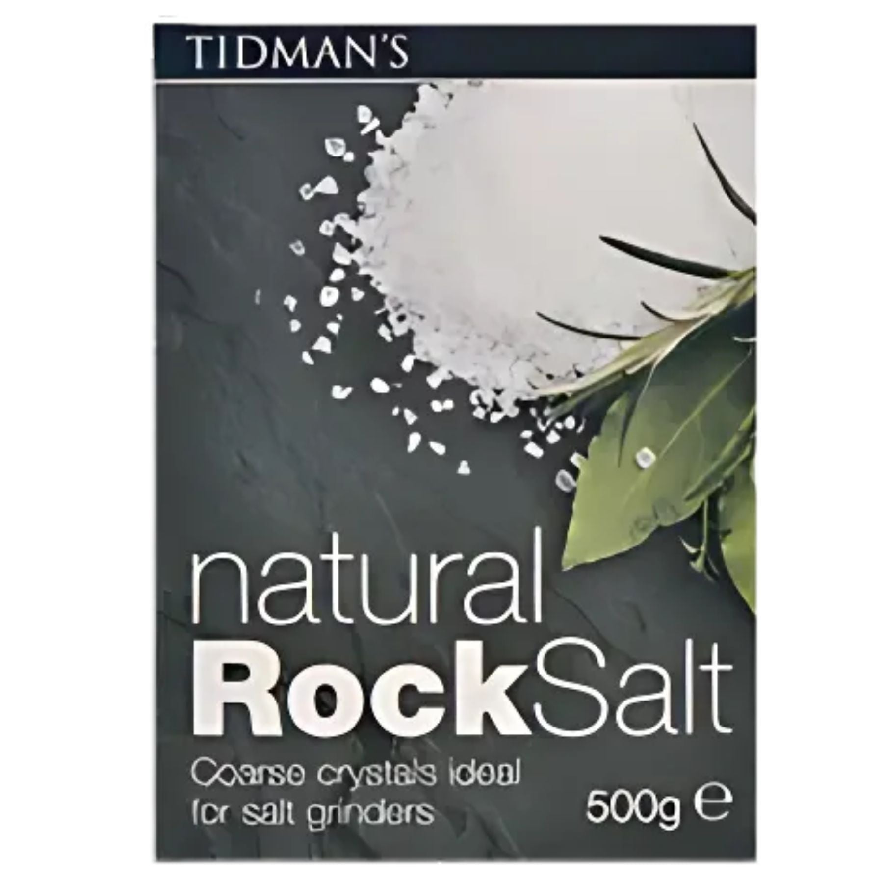 Tidman's Natural Rock Salt 500g features coarse, unrefined crystals ideal for grinders and a healthy diet. The packaging displays green leaves on the front. Tidman's Natural Rock Salt 500g features coarse, unrefined crystals ideal for grinders and a healthy diet. The packaging displays green leaves on the front.