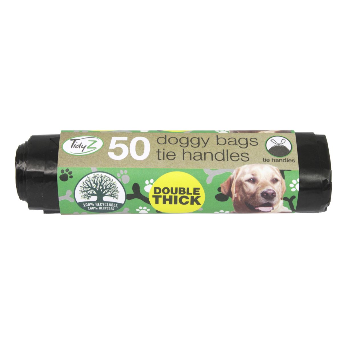 A TidyZ - Doggy Bags with Tie Handles - 50 Pack bag with a dog on it. A TidyZ - Doggy Bags with Tie Handles - 50 Pack bag with a dog on it.