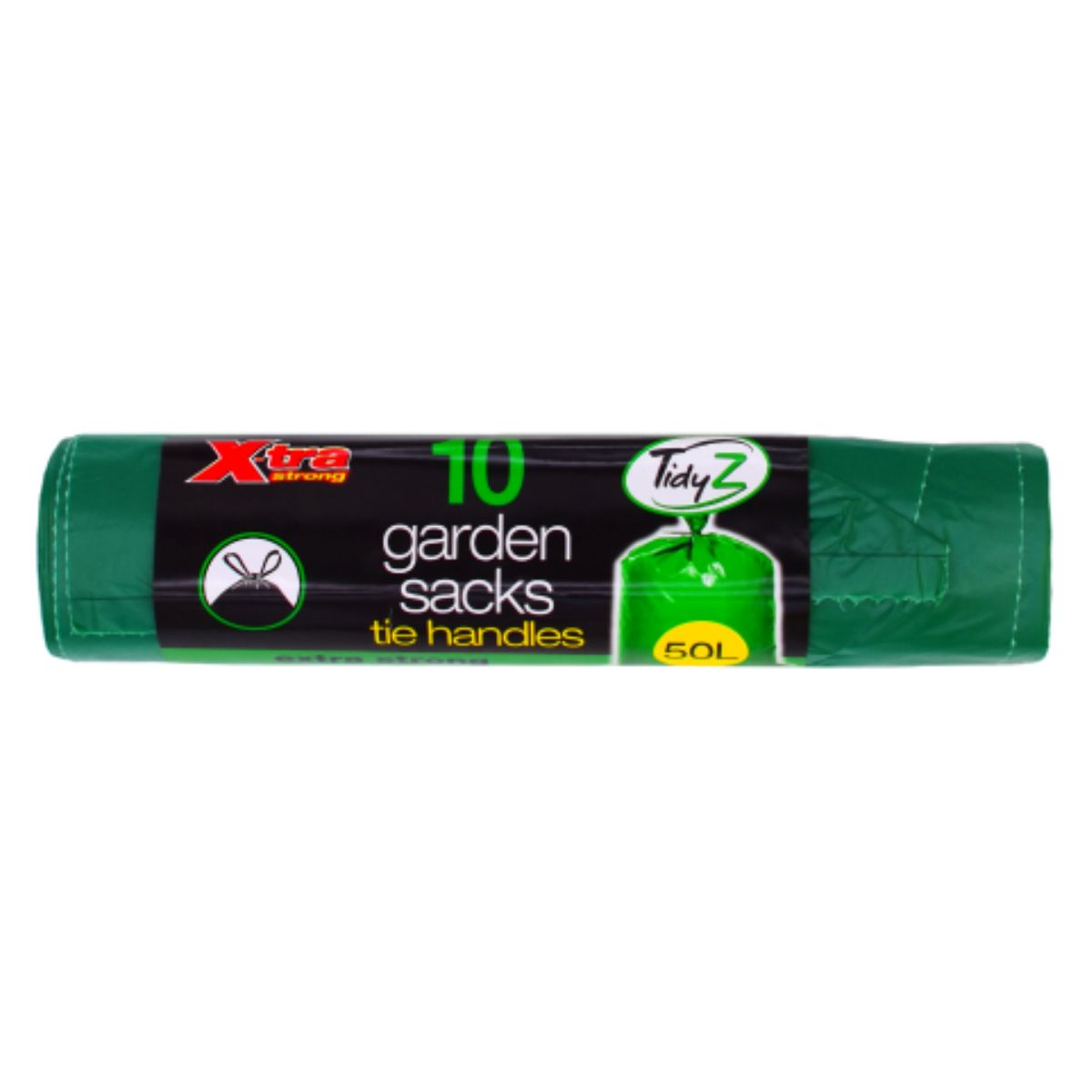 A green bag of TidyZ - Extra String Garden Sacks Tie Handles 50L - 10pcs on a white background.