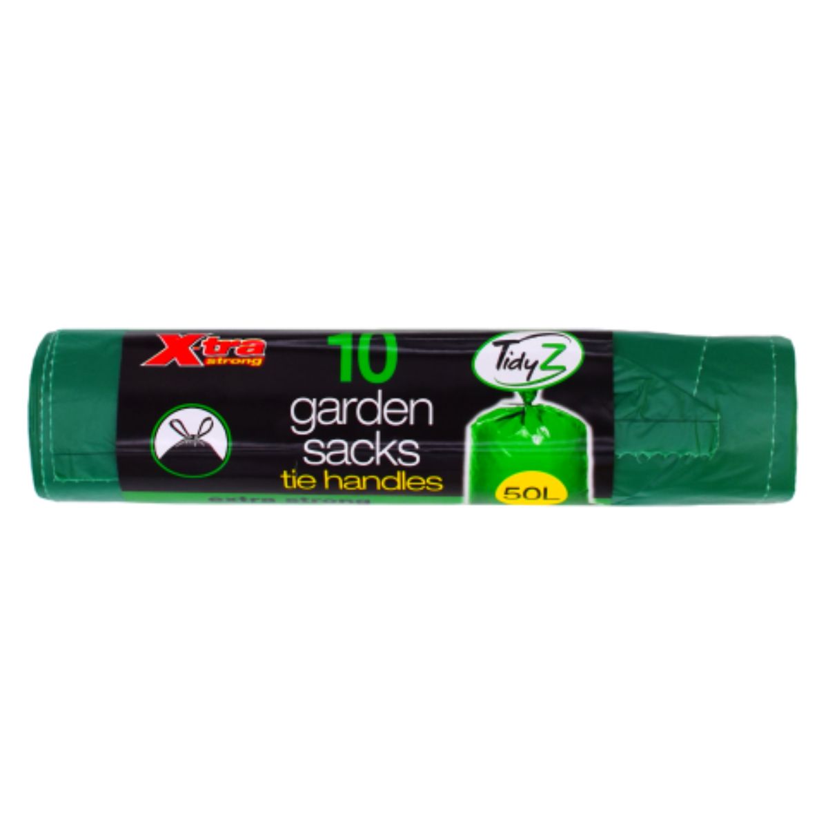 A green bag of TidyZ - Extra String Garden Sacks Tie Handles 50L - 10pcs on a white background. A green bag of TidyZ - Extra String Garden Sacks Tie Handles 50L - 10pcs on a white background.
