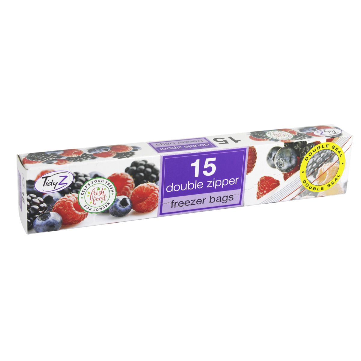 Package of Tidyz Double Zipper Freezer Bags - 15pcs with berry design. Package of Tidyz Double Zipper Freezer Bags - 15pcs with berry design.