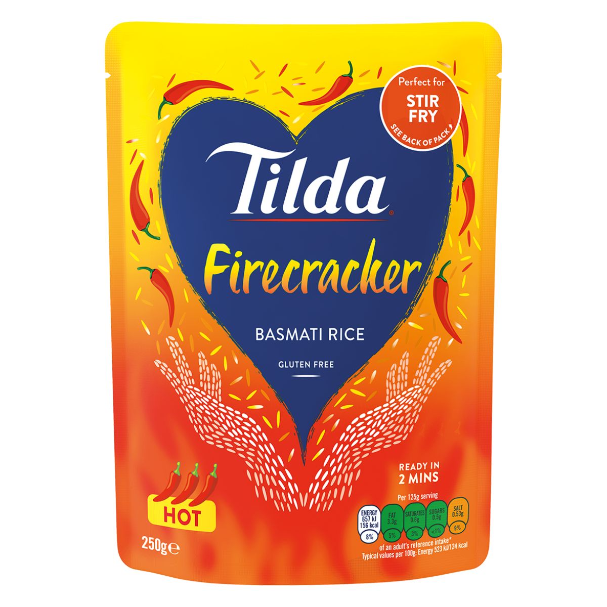 Package of Tilda - Firecracker Steamed Basmati Rice, spicy and gluten-free, weighing 250g.